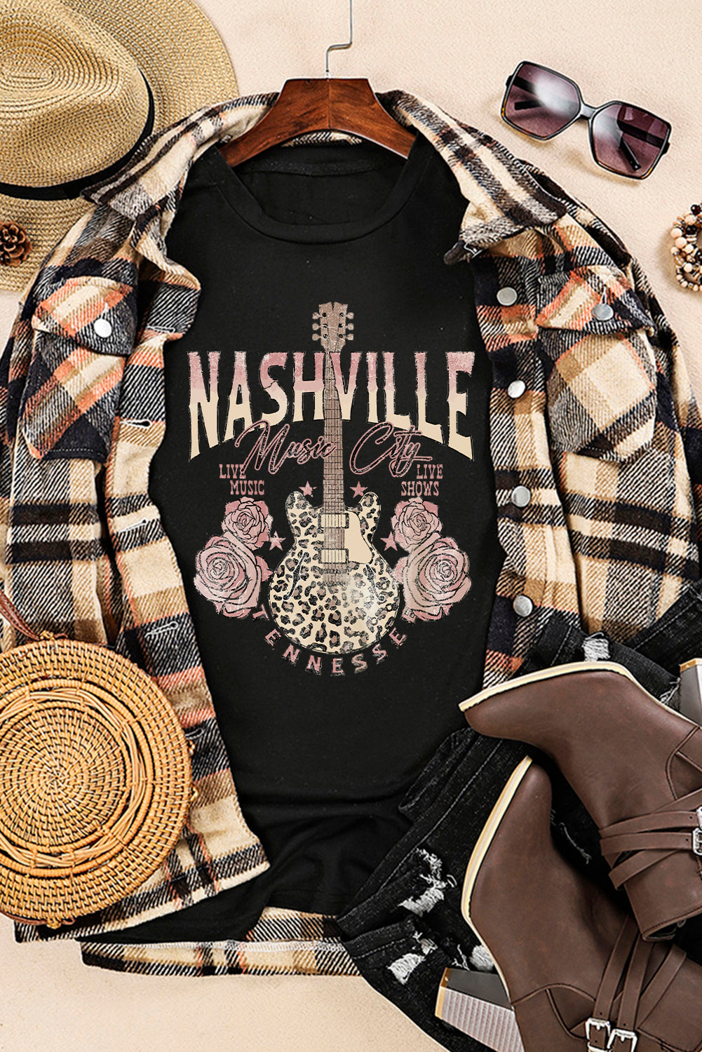 Black Nashville Music City Leopard Guitar Graphic T Shirt-Graphic/Graphic Tees-[Adult]-[Female]-2022 Online Blue Zone Planet