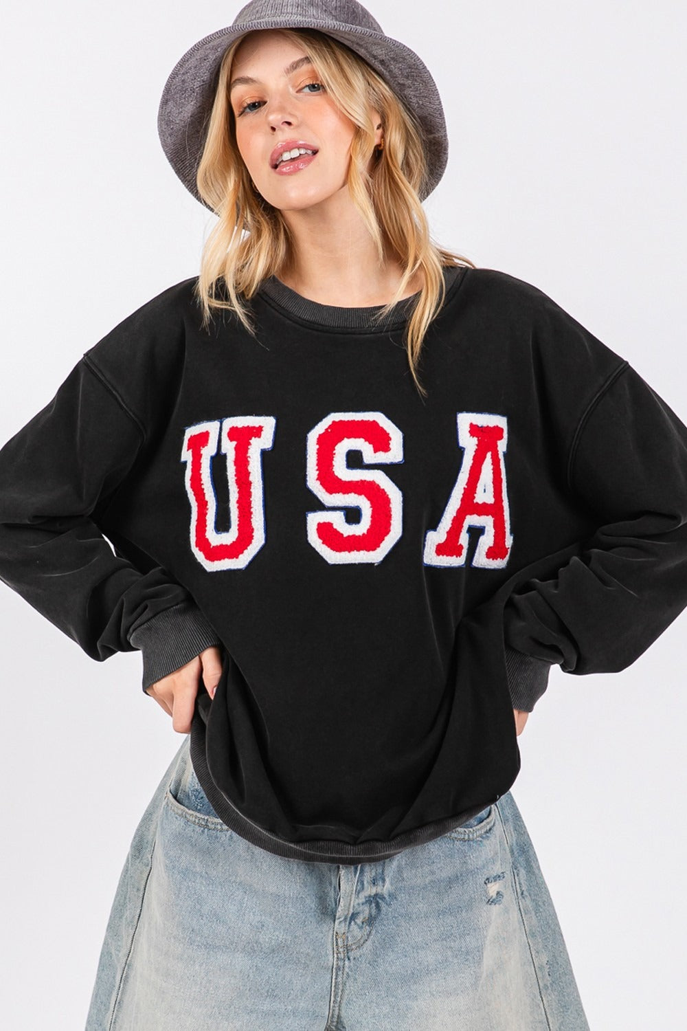 Blue Zone Planet | Sage + Fig USA Letter Patch Round Neck Sweatshirt-TOPS / DRESSES-[Adult]-[Female]-2022 Online Blue Zone Planet