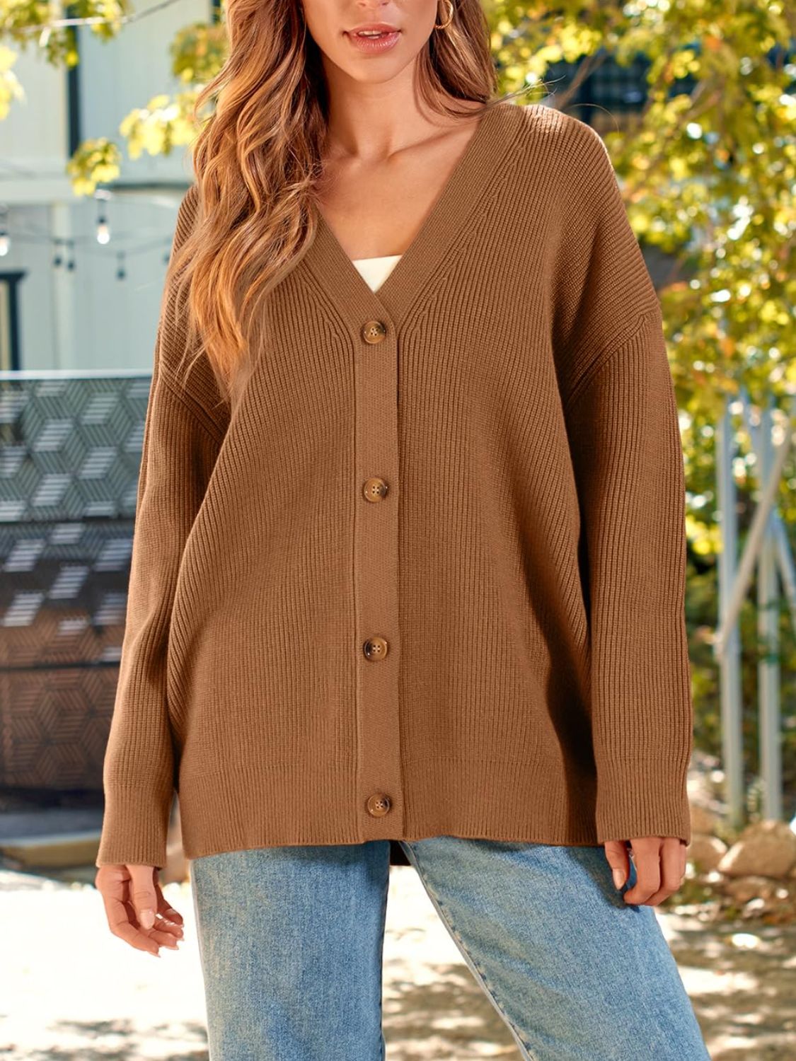 Button Down Long Sleeve Cardigan-TOPS / DRESSES-[Adult]-[Female]-Caramel-S-2022 Online Blue Zone Planet