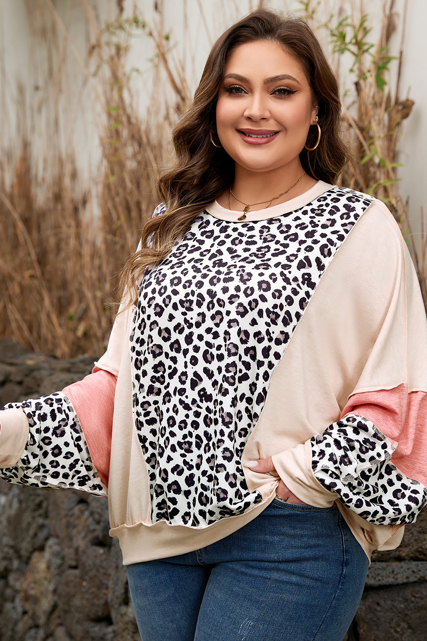 Gray Leopard Color Block Patchwork Reverse Stitch Plus Size Baggy Pullover-Plus Size/Plus Size Tops/Plus Size Long Sleeve Tops-[Adult]-[Female]-2022 Online Blue Zone Planet
