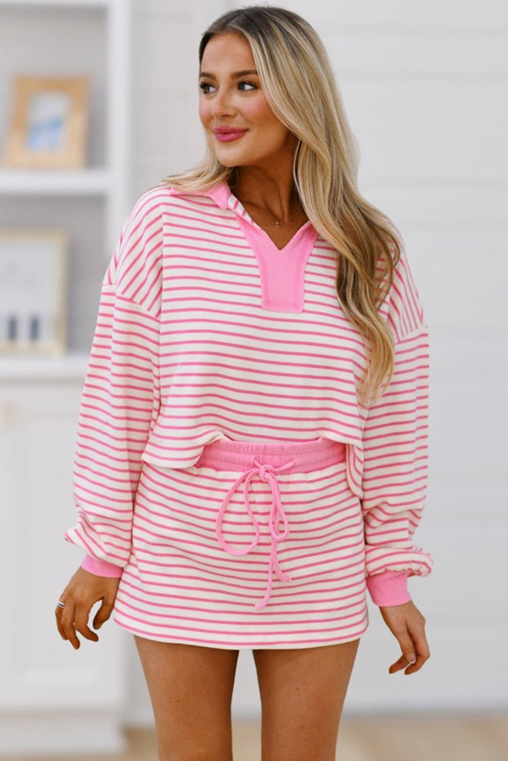 Pink Stripe Collared V Neck Drop Shoulder Pullover And Skort 2Pcs Outfit-Two Piece Sets/Two Piece Dresses-[Adult]-[Female]-2022 Online Blue Zone Planet