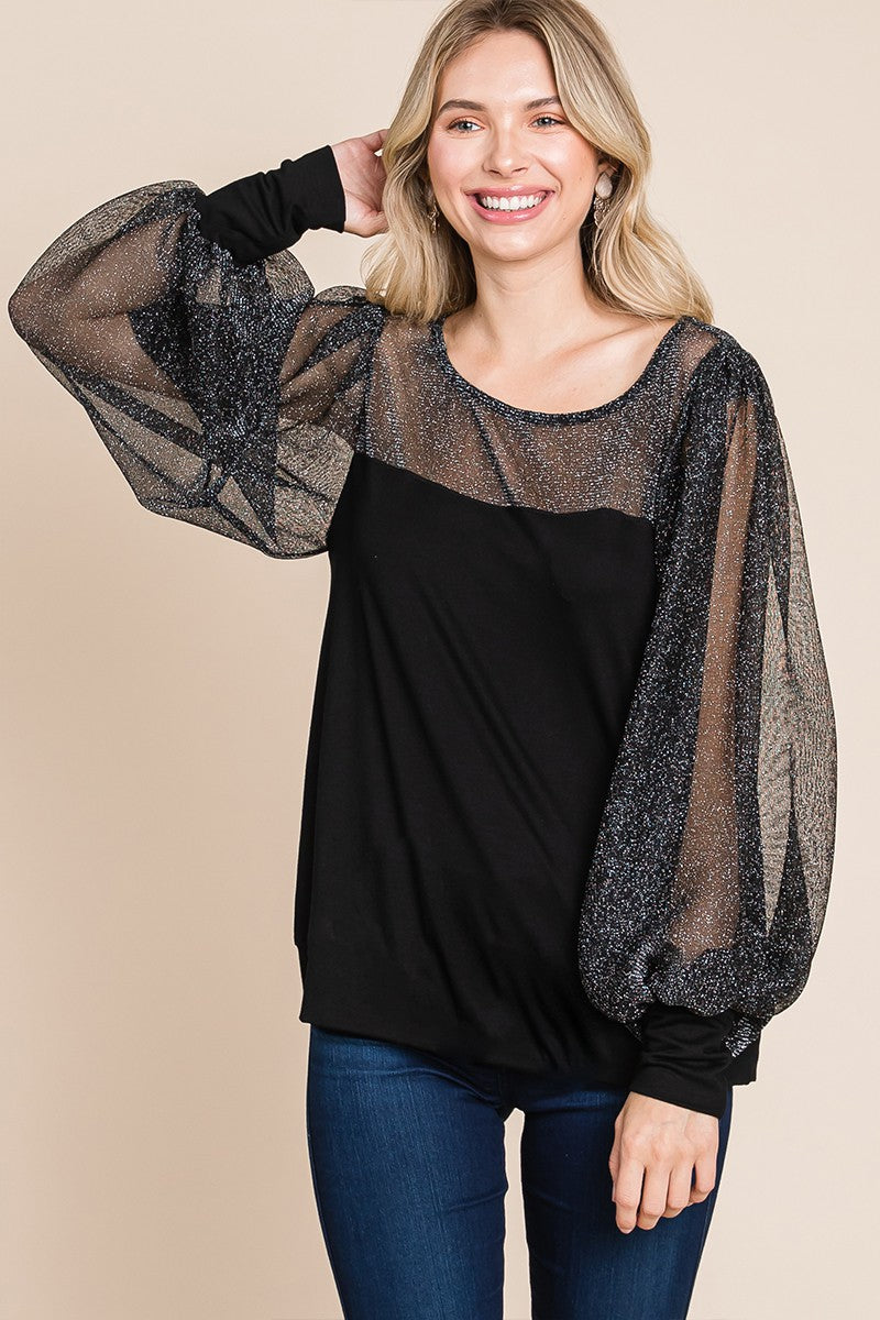 Super Lady Full Size Metallic Mesh Lantern Sleeve Blouse-TOPS / DRESSES-[Adult]-[Female]-2022 Online Blue Zone Planet