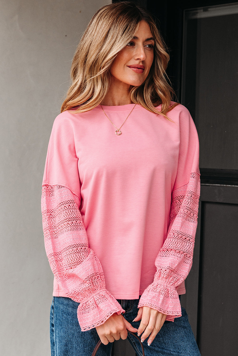 Sachet Pink Drop Shoulder Lace Ruffled Sleeve Patchwork Loose Sweatshirt-Tops/Sweatshirts & Hoodies-[Adult]-[Female]-2022 Online Blue Zone Planet