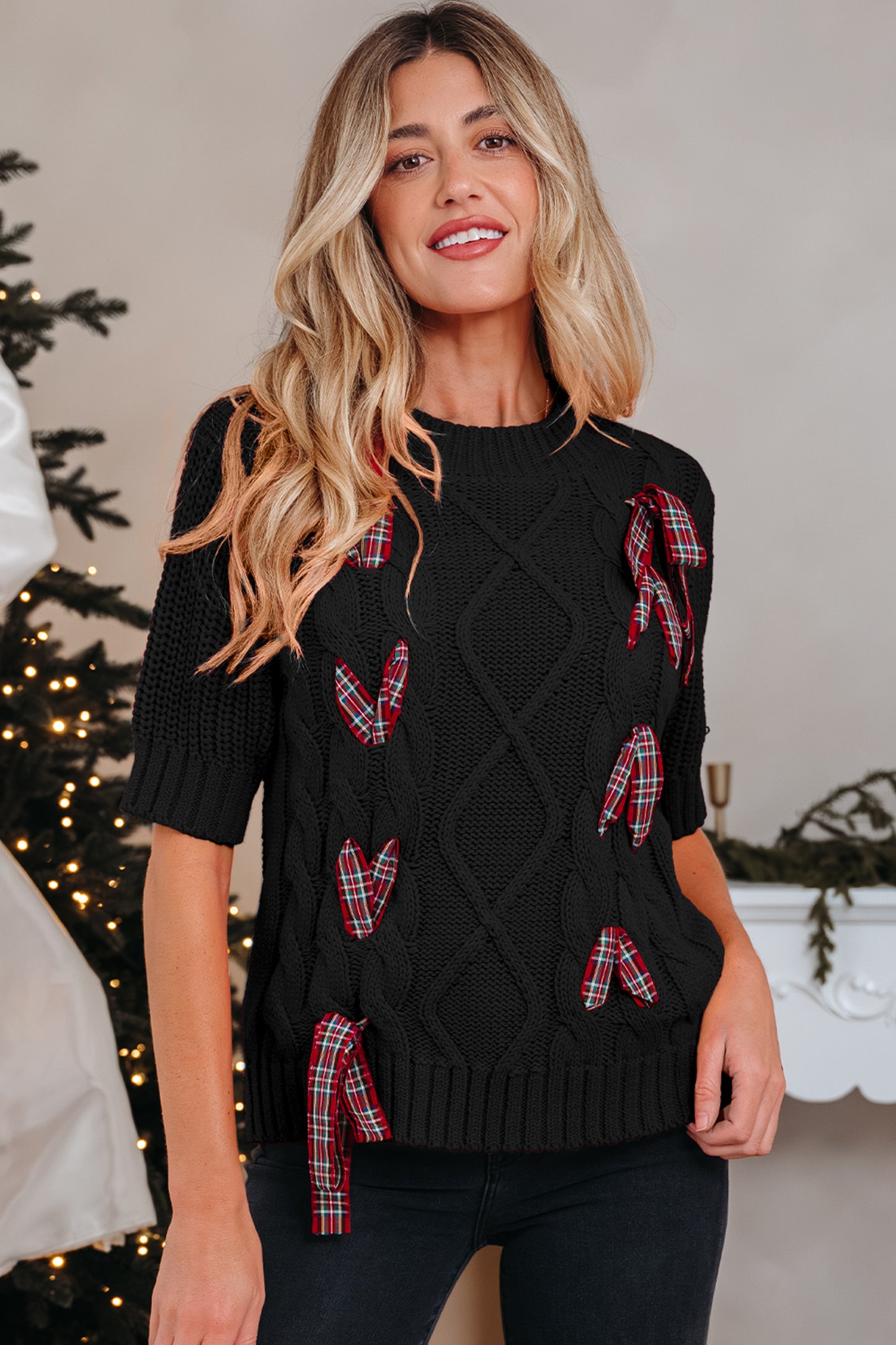 Black Plaid Lace up Detail Christmas Holiday Puff Short Sleeve Sweater-Sweaters & Cardigans/Short Sleeve Sweaters-[Adult]-[Female]-2022 Online Blue Zone Planet