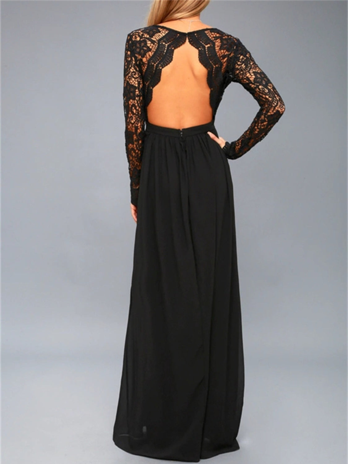 Lace Detail Backless Long Sleeve Maxi Dress-TOPS / DRESSES-[Adult]-[Female]-2022 Online Blue Zone Planet