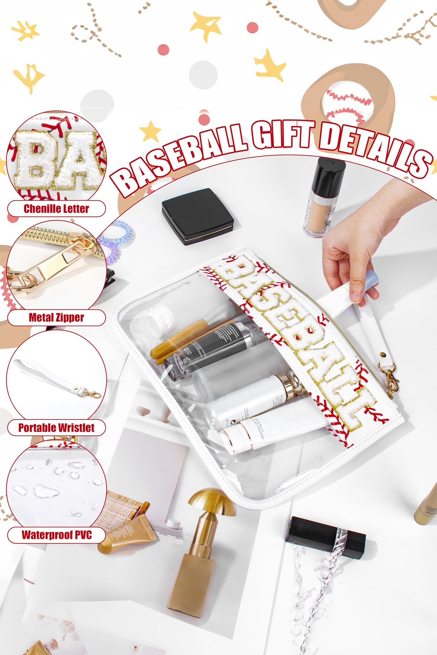 White BASEBALL Chenille Letter Patch Game Day Stadium Clear PVC Cosmetic Bag