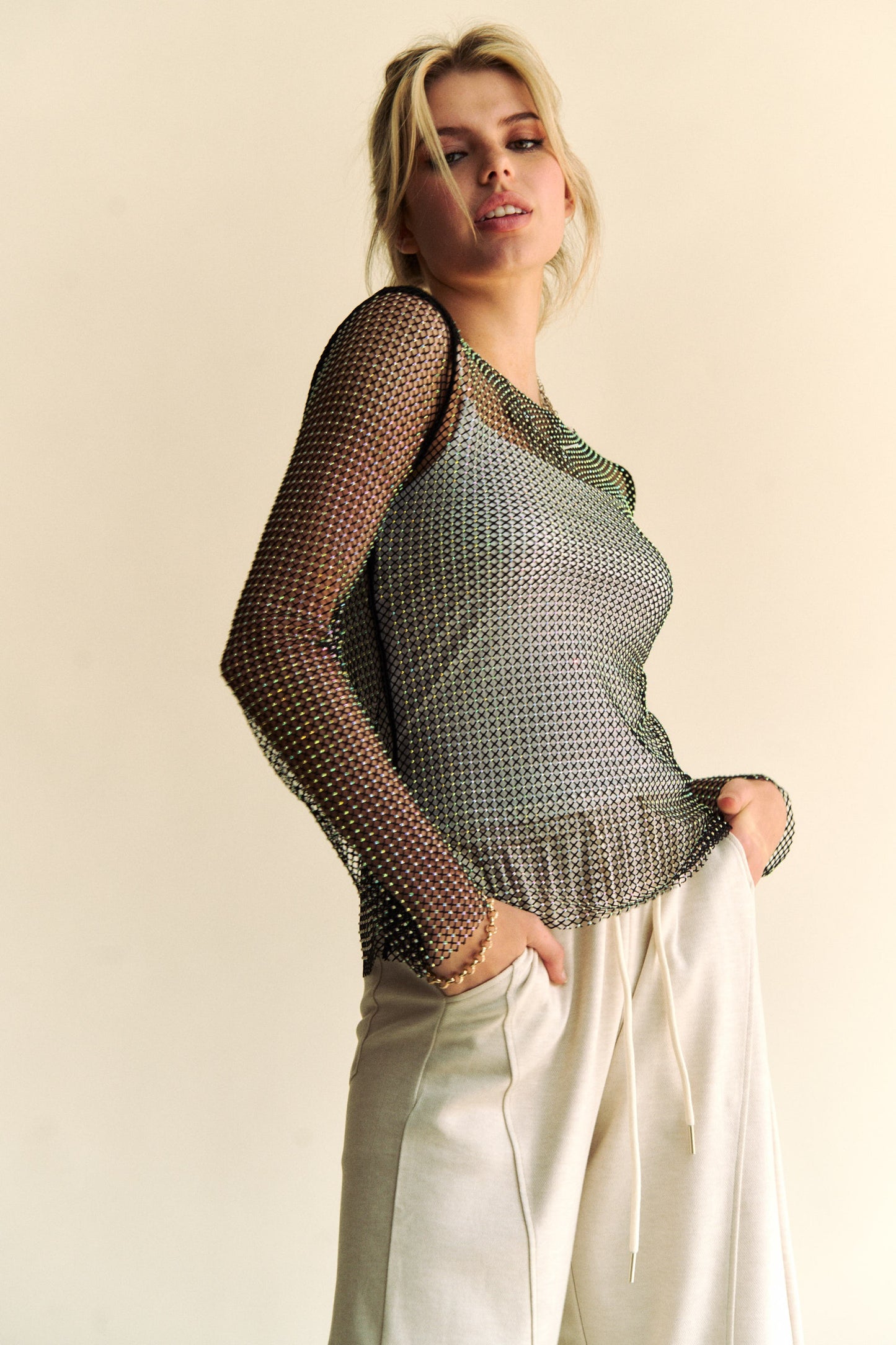 Davi & Dani Sparkling Rhinestone Sheer Mesh Round Neck Top-TOPS / DRESSES-[Adult]-[Female]-2022 Online Blue Zone Planet