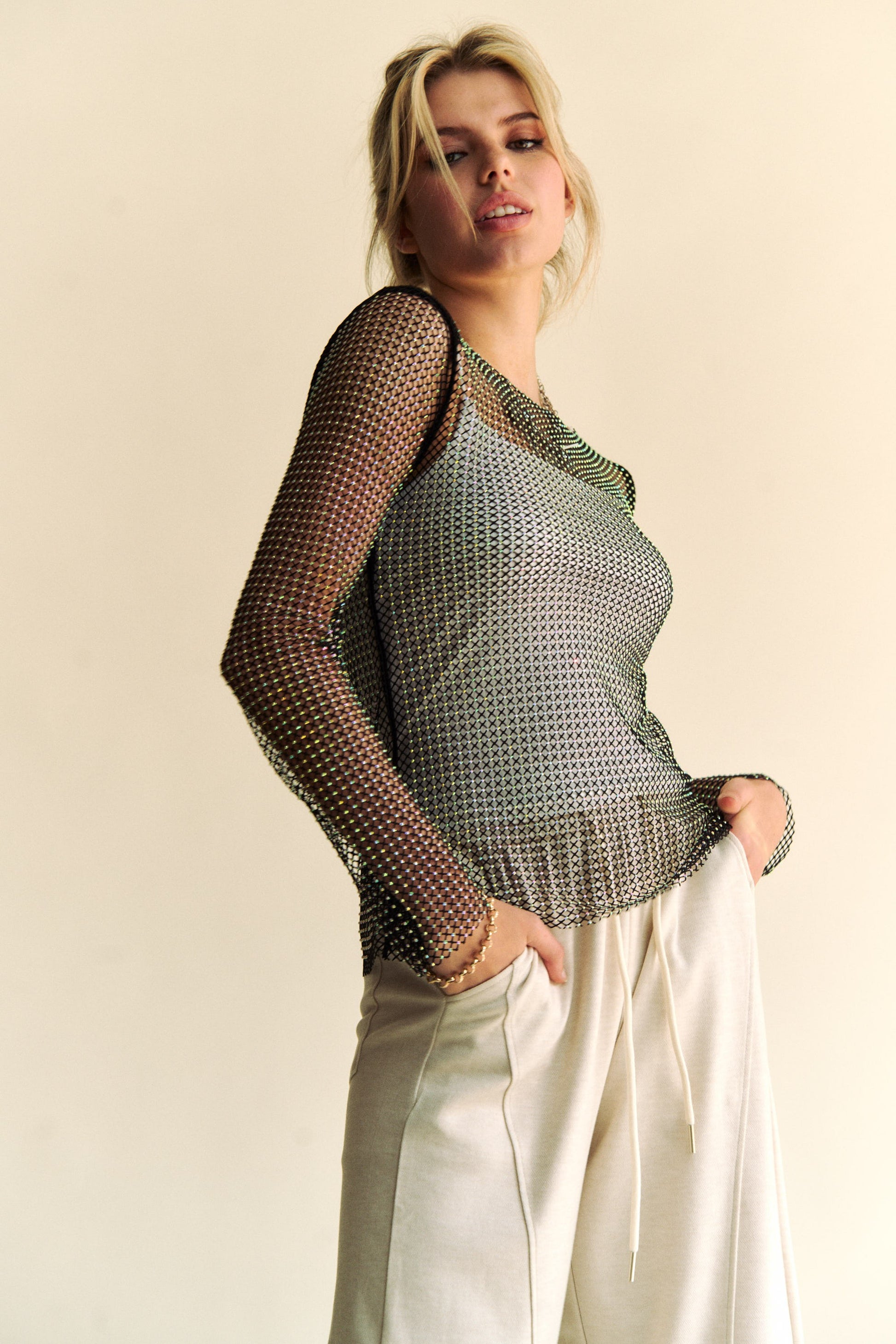 Davi & Dani Sparkling Rhinestone Sheer Mesh Round Neck Top-TOPS / DRESSES-[Adult]-[Female]-2022 Online Blue Zone Planet