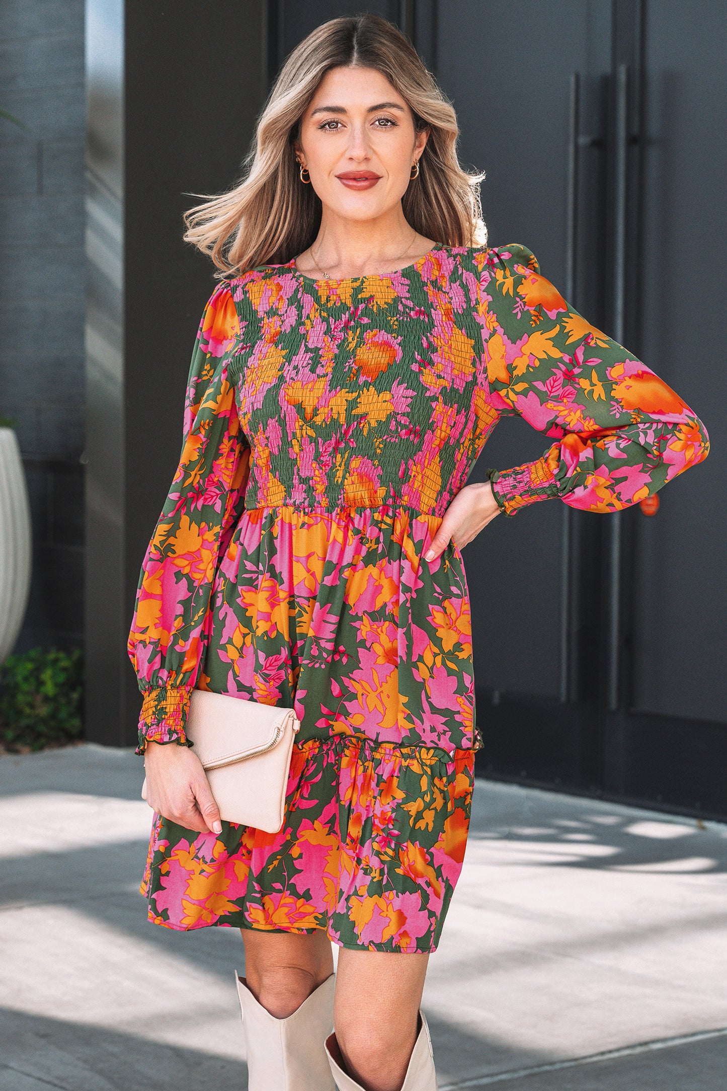 Multicolour Floral Print Long Sleeve Smocked Ruffled Mini Dress