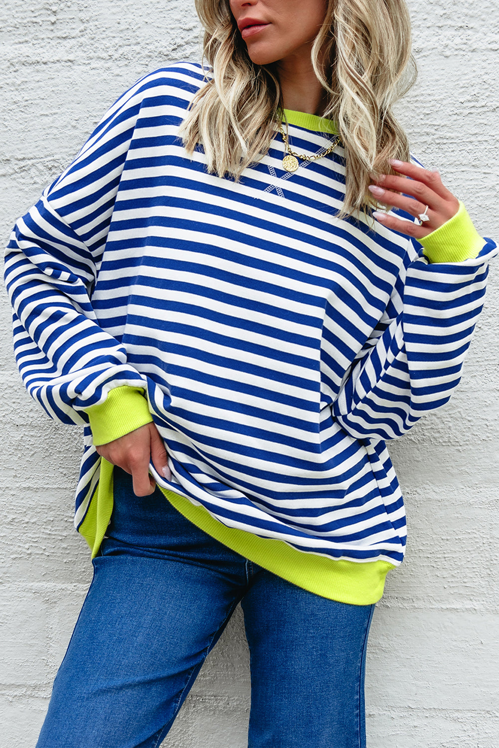 Sky Blue Stripe Striped Contrast Ribbed Trim Crossed Stitch Drop Shoulder Sweatshirt-Tops/Sweatshirts & Hoodies-[Adult]-[Female]-2022 Online Blue Zone Planet