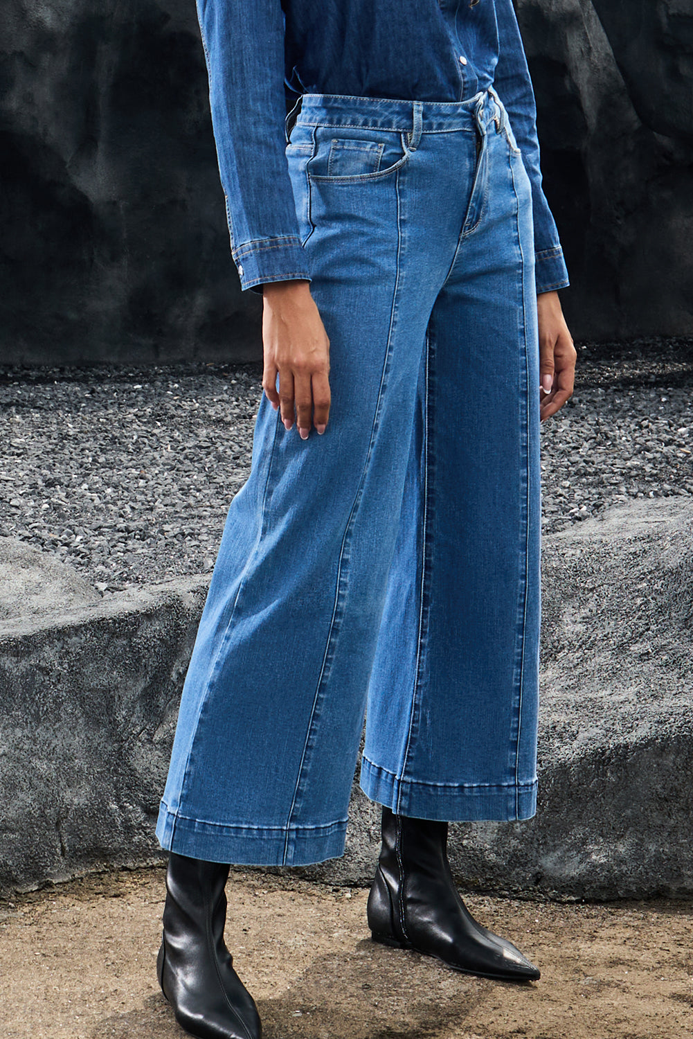 Dark Blue Plain Seam Detail Flared Bottom Ankle Length Jeans-Bottoms/Jeans-[Adult]-[Female]-2022 Online Blue Zone Planet