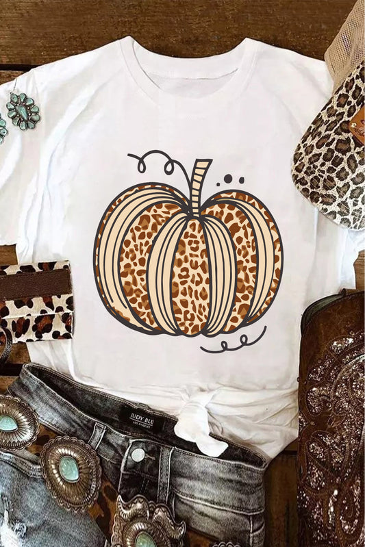 White Leopard Pumpkin Graphic Crewneck Halloween T Shirt-Graphic/Graphic Tees-[Adult]-[Female]-White-S-2022 Online Blue Zone Planet