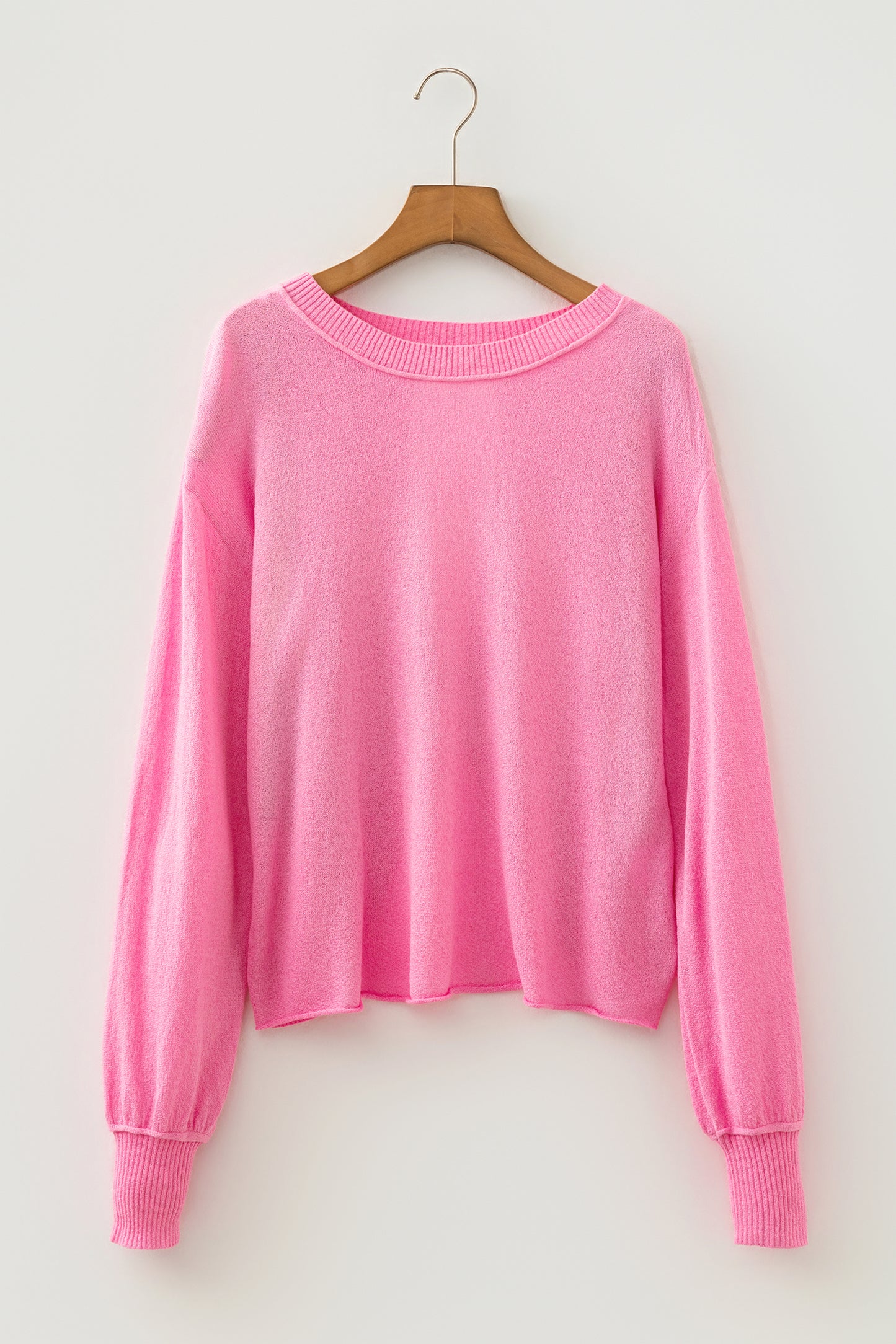 Pink Drop Shoulder Round Neck Long Sleeve Backless Pullover Sweater