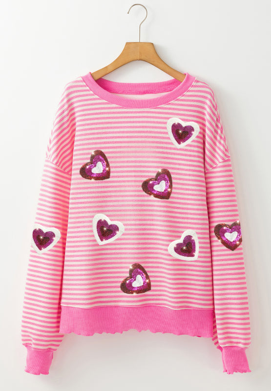 Valentine’s Day Sequin Heart Striped Round Neck Long Sleeve Sweatshirt-TOPS / DRESSES-[Adult]-[Female]-2022 Online Blue Zone Planet