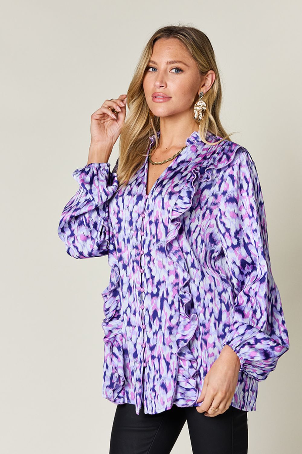 Blue Zone Planet | Double Take Full Size Printed Ruffle Trim Balloon Sleeve Shirt-TOPS / DRESSES-[Adult]-[Female]-2022 Online Blue Zone Planet