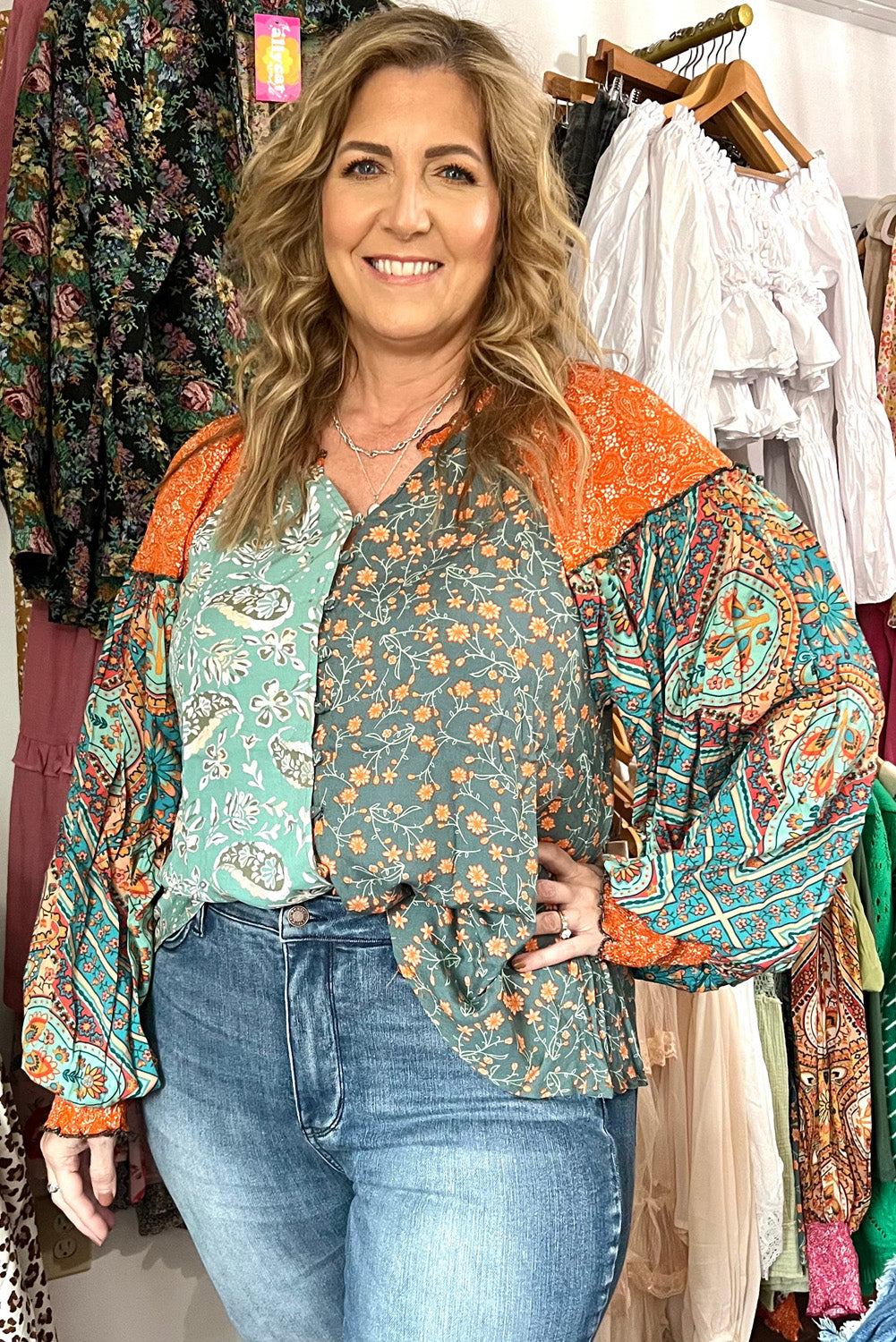 Green Floral Patchwork Lantern Sleeve Buttoned V Neck Plus Size Blouse-Plus Size/Plus Size Tops/Plus Size Blouses & Shirts-[Adult]-[Female]-2022 Online Blue Zone Planet