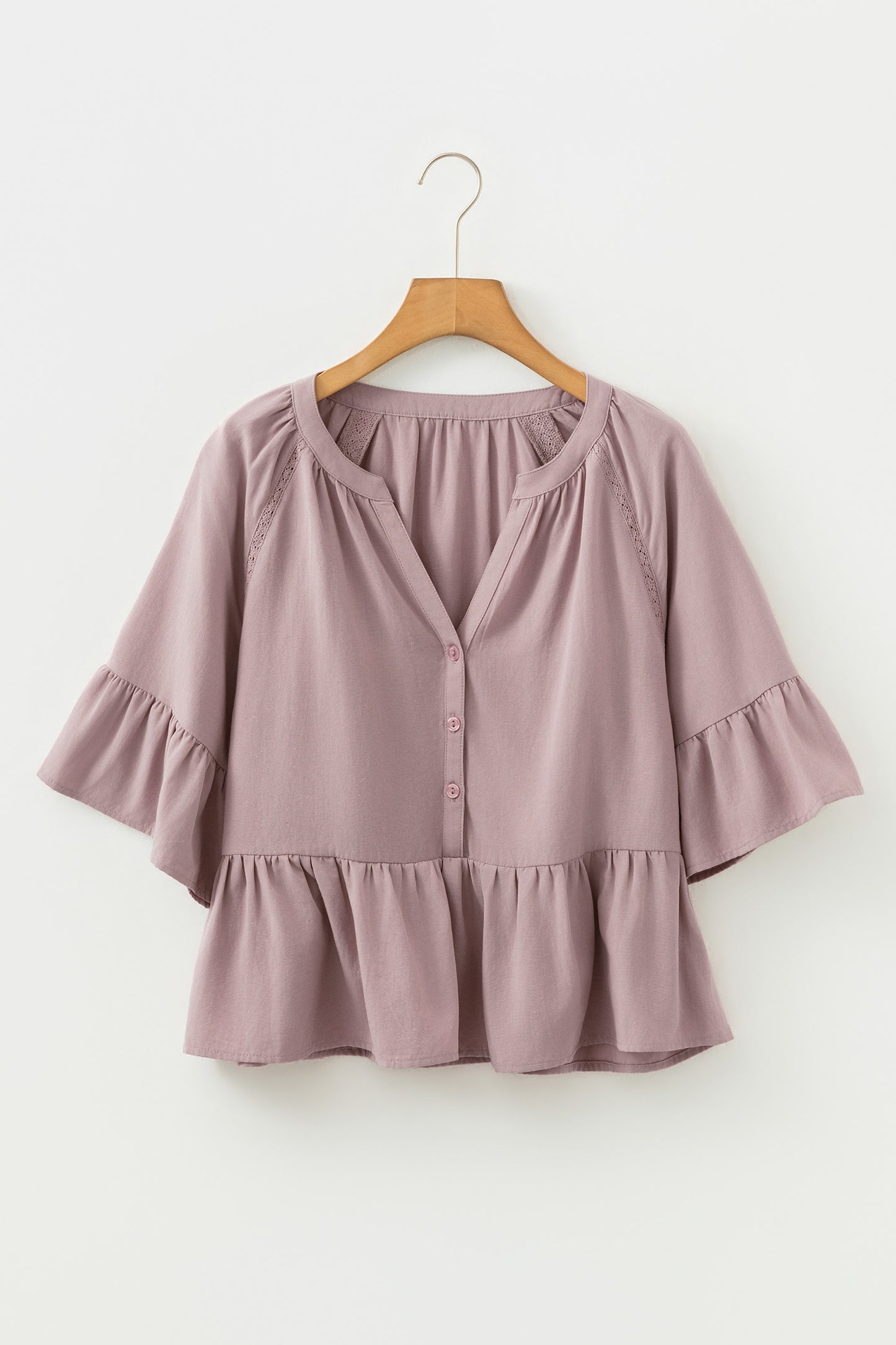 Sepia Rose Slit V Neck Ruffled Loose Blouse-Tops/Blouses & Shirts-[Adult]-[Female]-2022 Online Blue Zone Planet