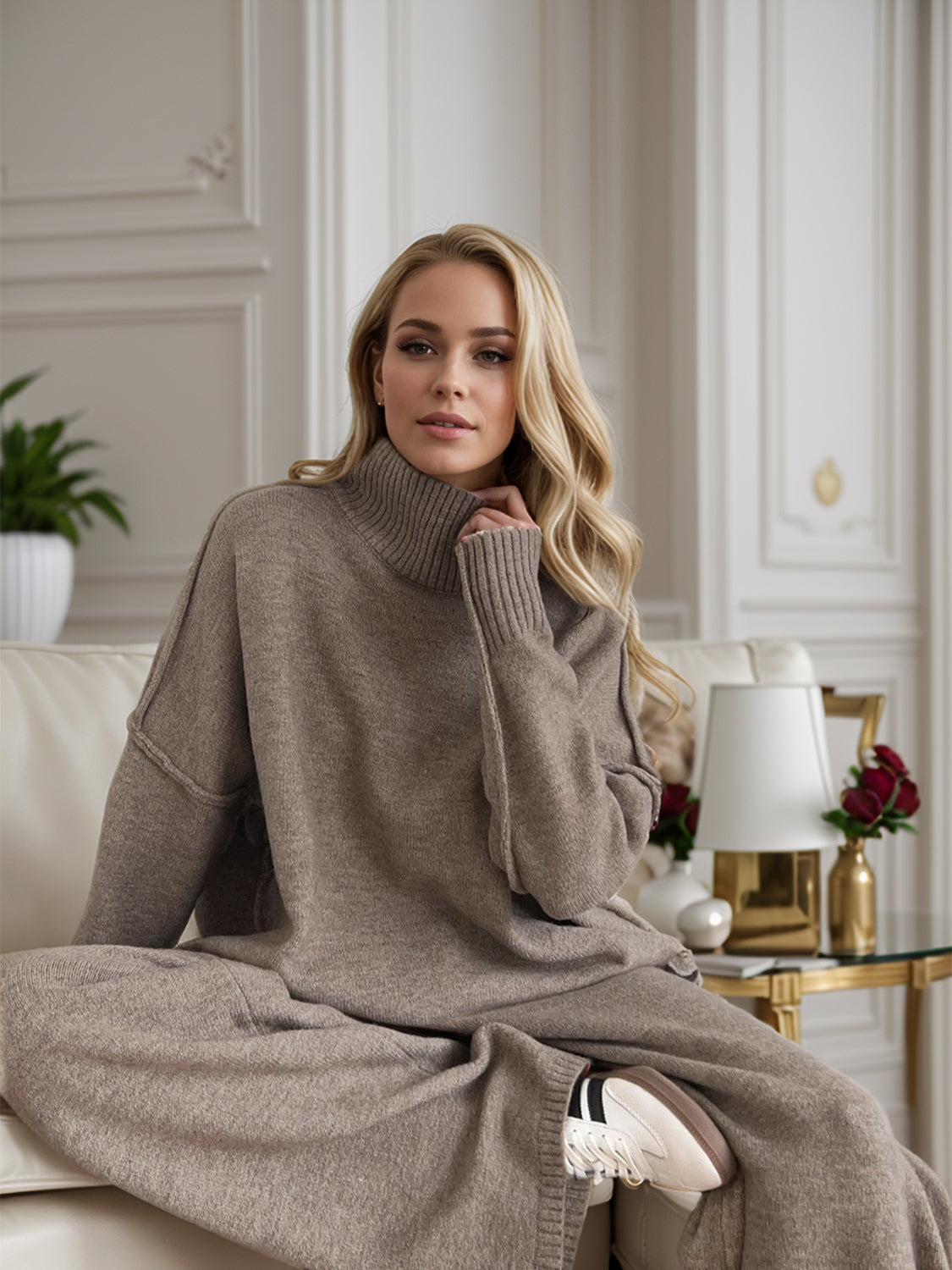 Slit Turtleneck Long Sleeve Top and Pants Sweater Set-TOPS / DRESSES-[Adult]-[Female]-Taupe-One Size-2022 Online Blue Zone Planet