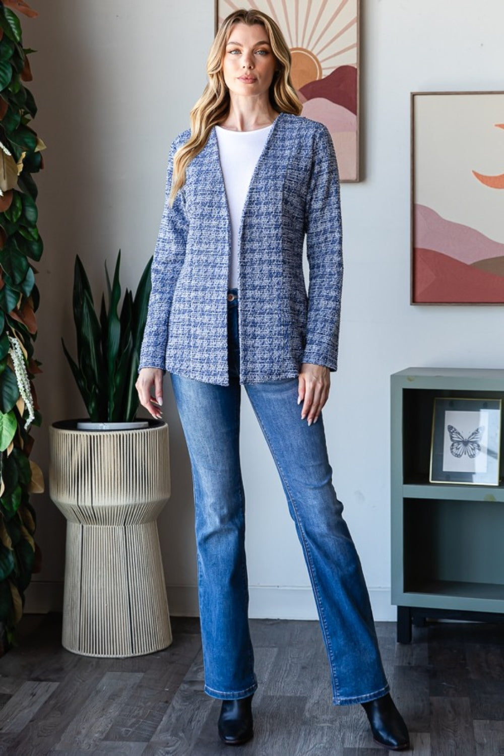 Blue Zone Planet | Heimish Full Size Houndstooth Tweed Open Front Blazer-TOPS / DRESSES-[Adult]-[Female]-2022 Online Blue Zone Planet