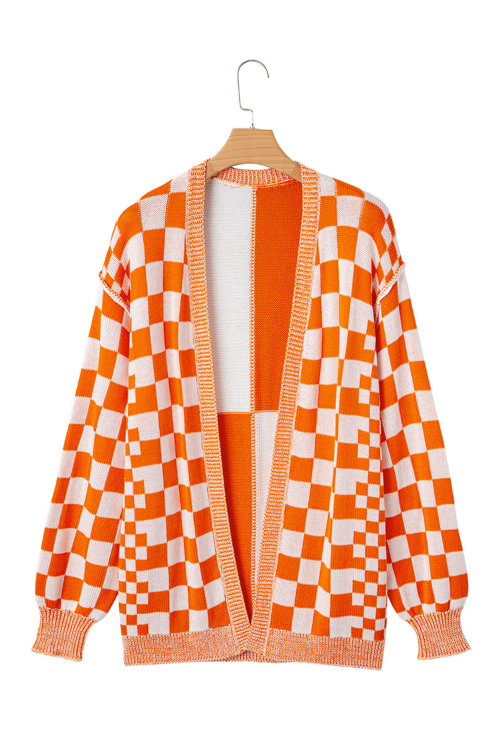 Orange Checkered Open Front Drop Shoulder Cardigan-Sweaters & Cardigans/Cardigans-[Adult]-[Female]-2022 Online Blue Zone Planet