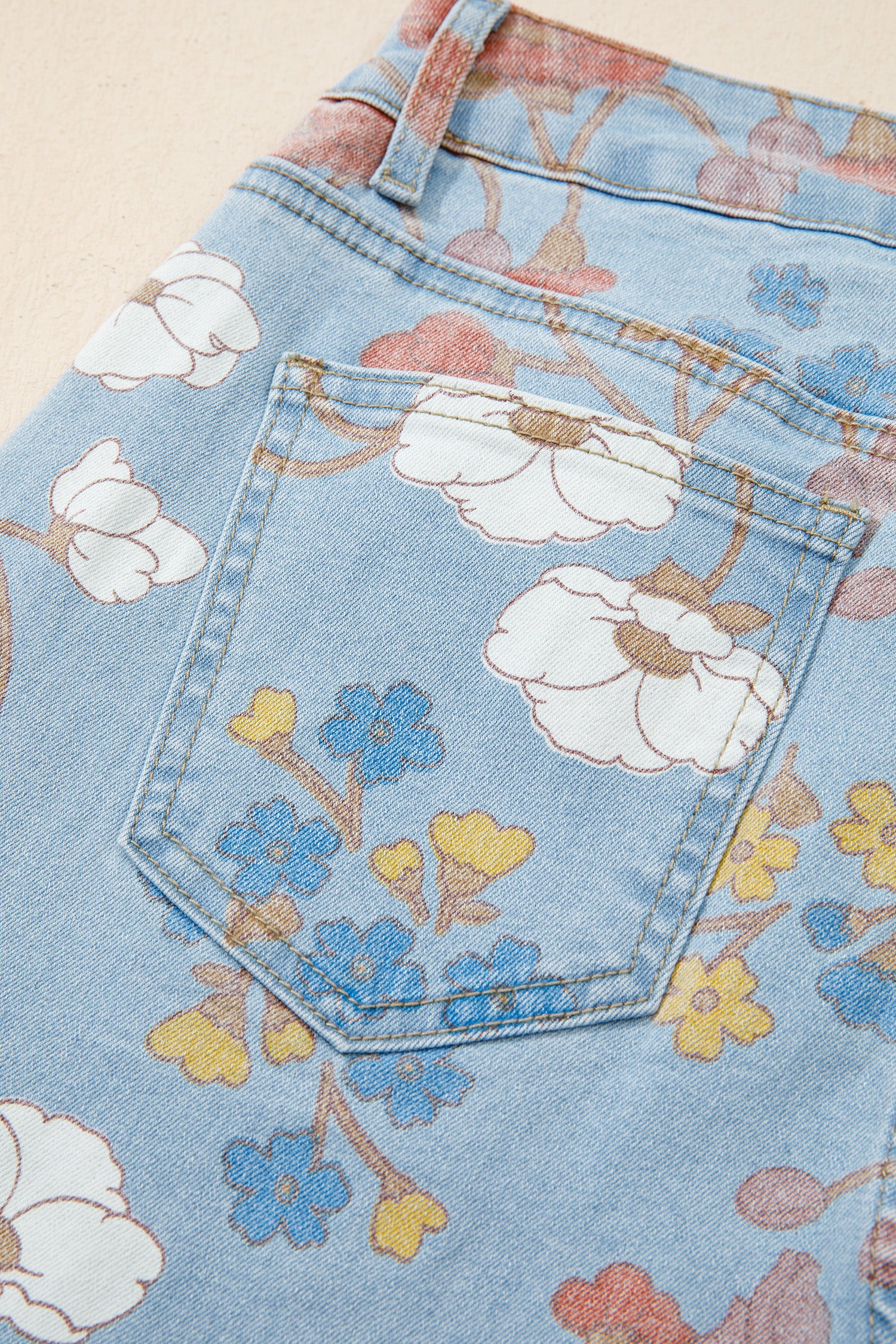 Sky Blue Floral Printed Raw Hem Shift Jeans-Bottoms/Jeans-[Adult]-[Female]-2022 Online Blue Zone Planet