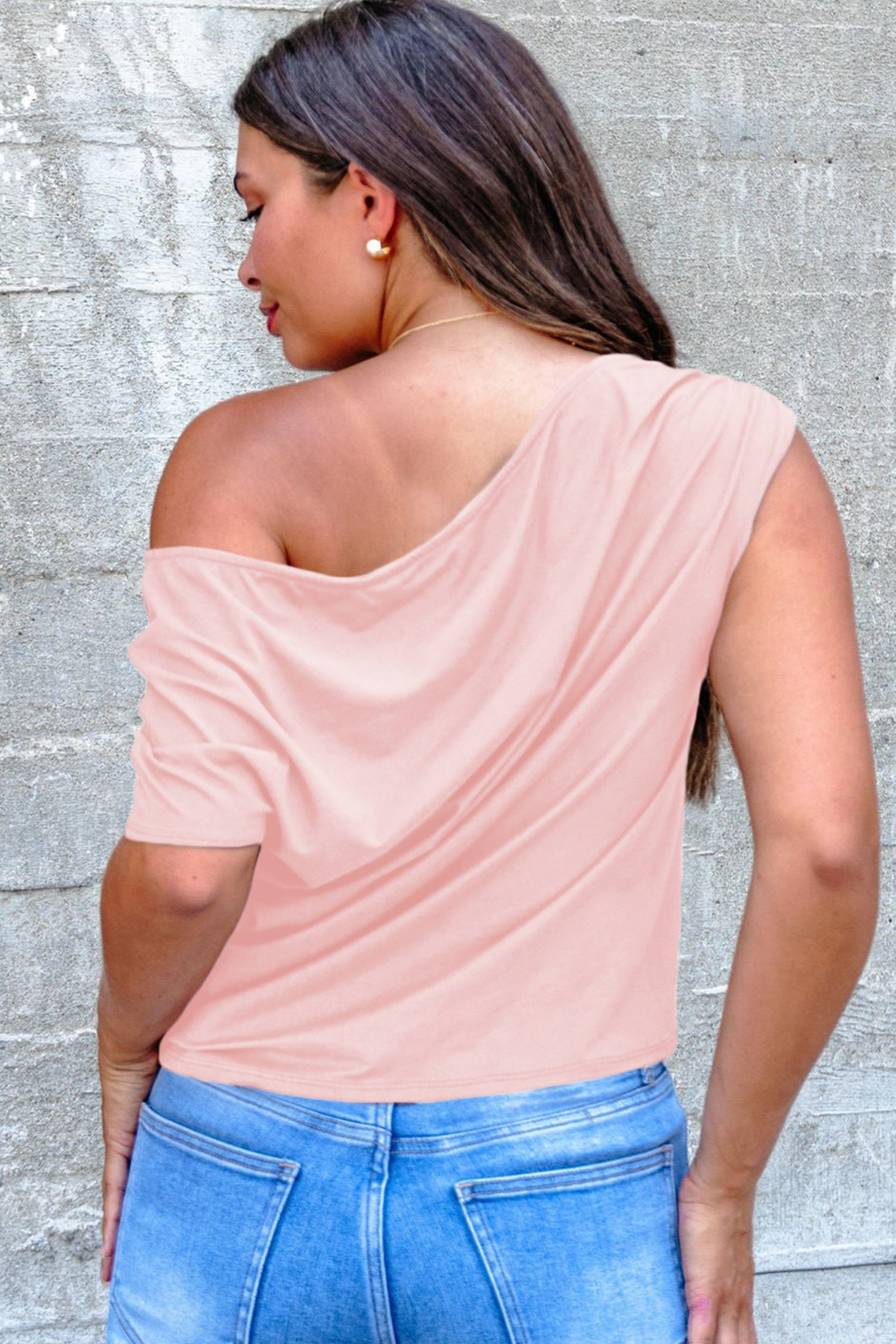 Gossamer Pink Plus Size Solid Color Asymmetric Neck Short Sleeve Blouse-Plus Size/Plus Size Tops/Plus Size Tops & Tees-[Adult]-[Female]-2022 Online Blue Zone Planet
