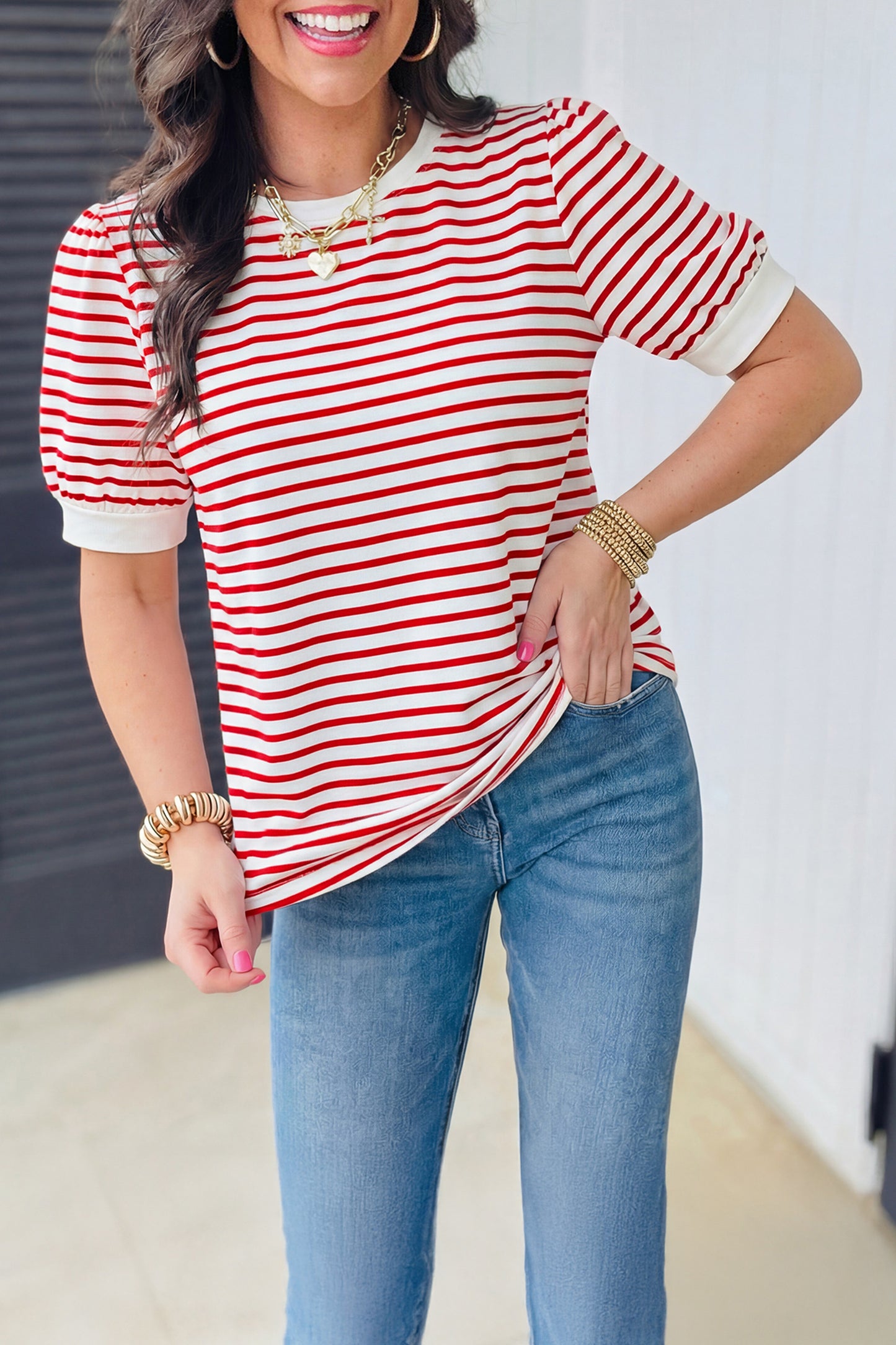 Red Stripe Contrast Trim Round Neck Short Puff Sleeve T Shirt-Tops/Tops & Tees-[Adult]-[Female]-Red Stripe-S-2022 Online Blue Zone Planet