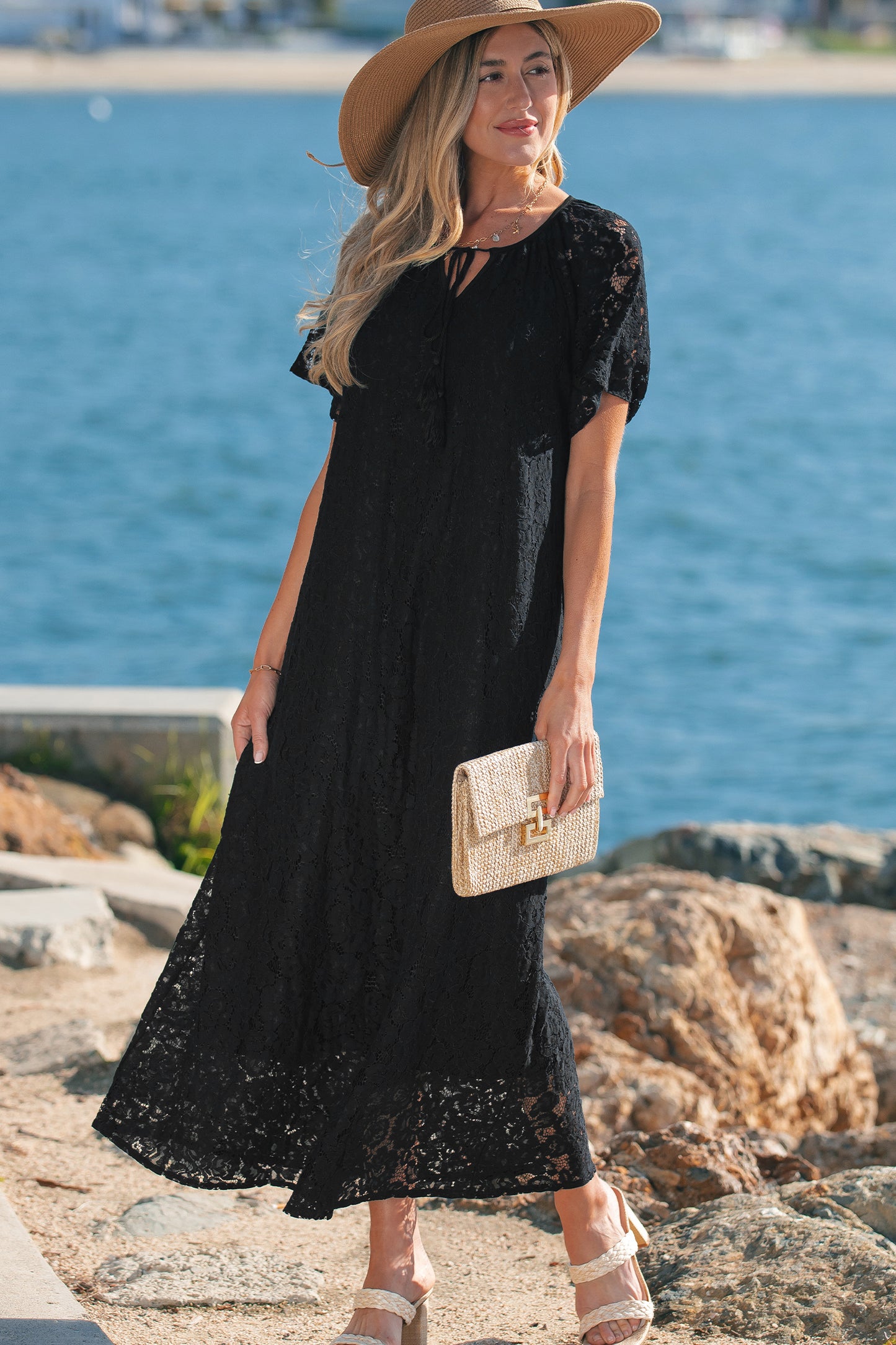 Black Floral Lace Overlay Tassel Tie Short Sleeve Beach Vacation Loose Maxi Dress-TOPS / DRESSES-[Adult]-[Female]-2022 Online Blue Zone Planet