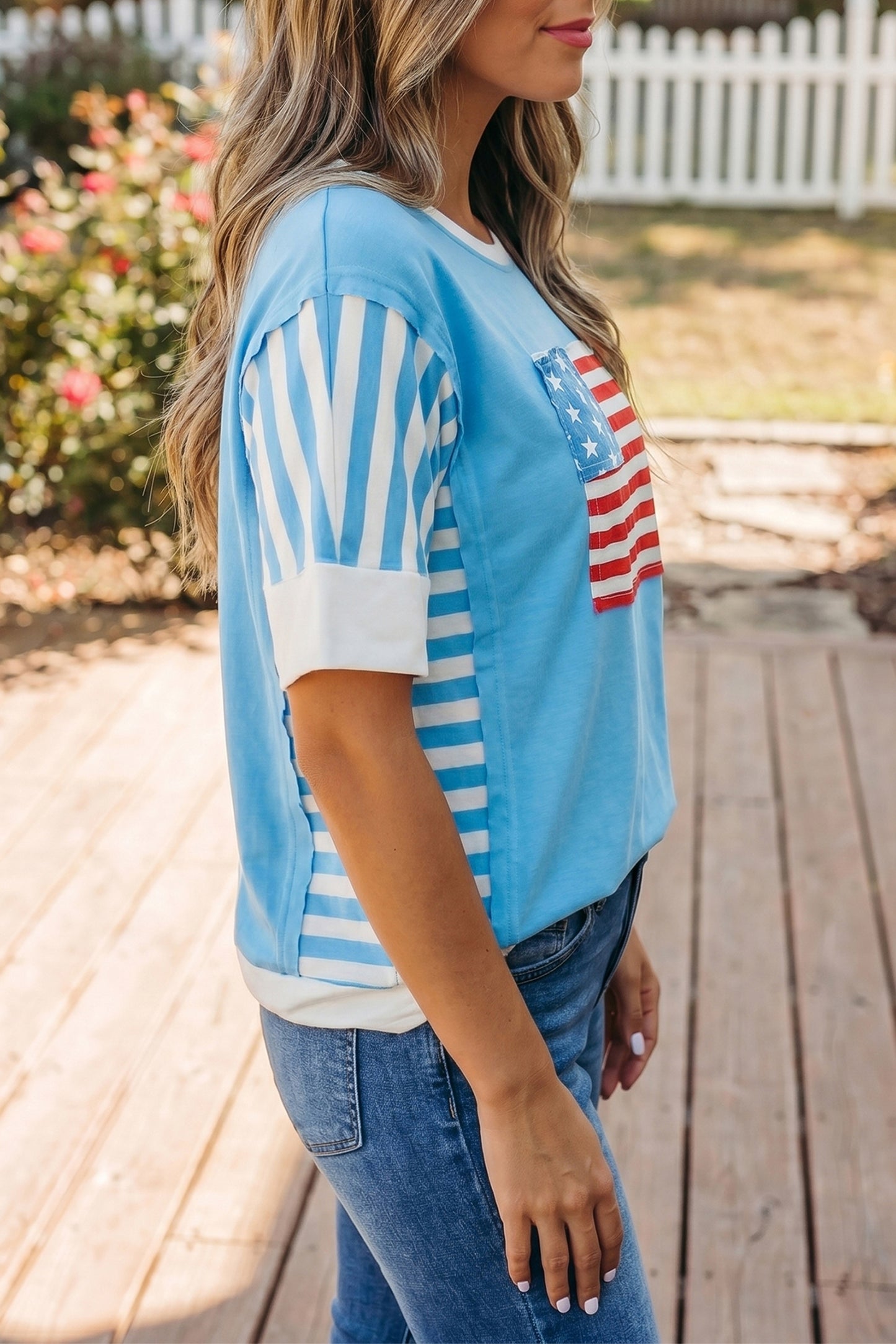 Light Blue Flag Print Patchwork Colorblock July 4th T Shirt-Tops/Tops & Tees-[Adult]-[Female]-2022 Online Blue Zone Planet