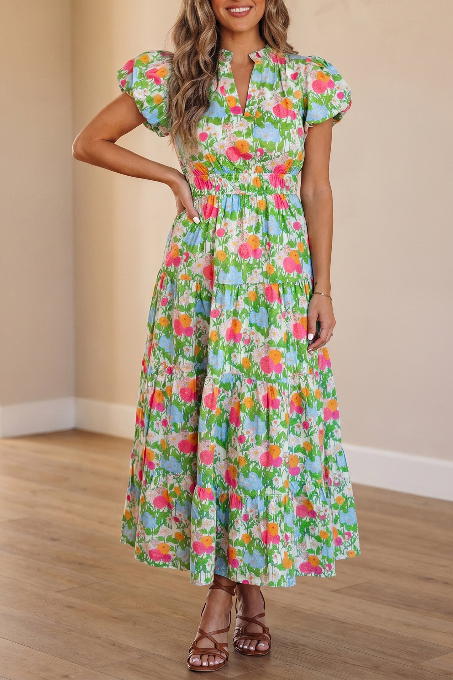 Green Floral Print V Neck Short Puff Sleeve Cotton Maxi Dress-TOPS / DRESSES-[Adult]-[Female]-2022 Online Blue Zone Planet