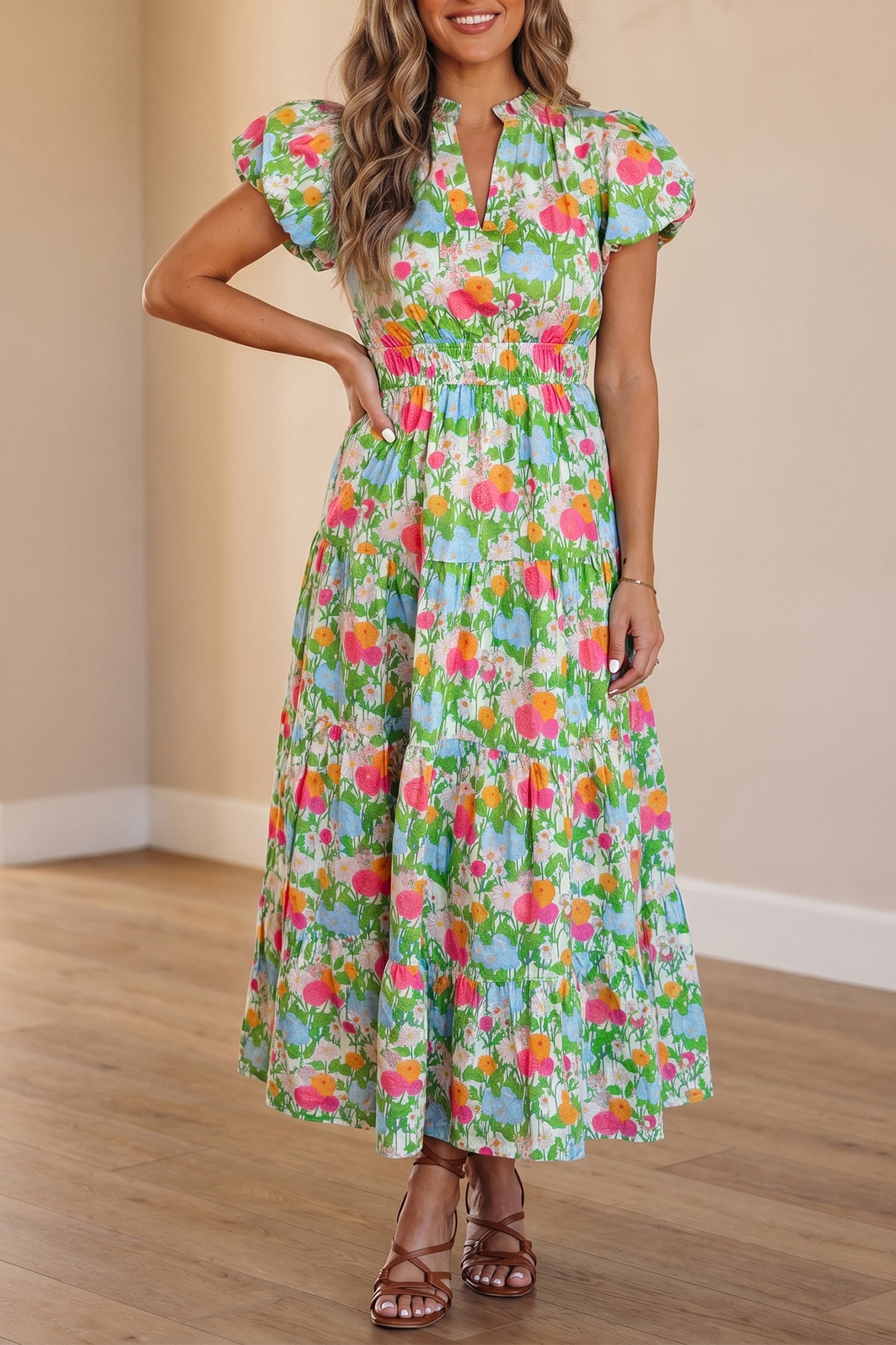 Green Floral Print V Neck Short Puff Sleeve Cotton Maxi Dress-TOPS / DRESSES-[Adult]-[Female]-2022 Online Blue Zone Planet
