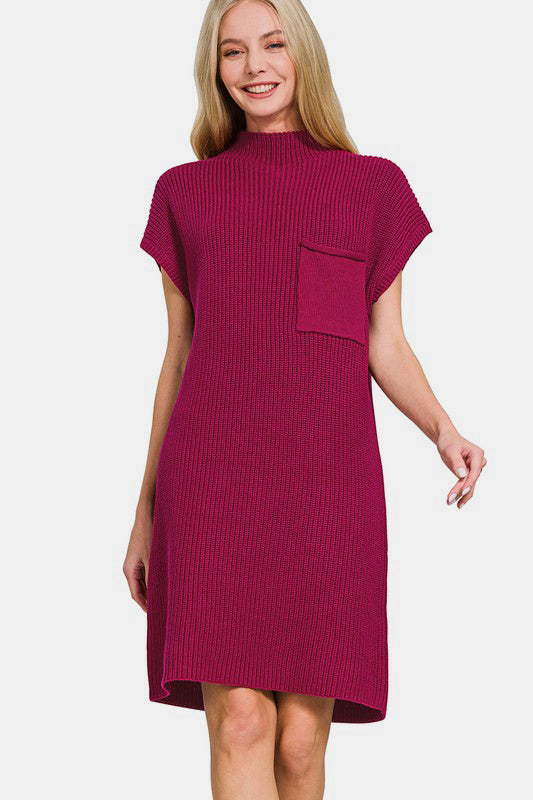 Zenana Mock Neck Short Sleeve Sweater Dress-TOPS / DRESSES-[Adult]-[Female]-Cabernet-S-2022 Online Blue Zone Planet