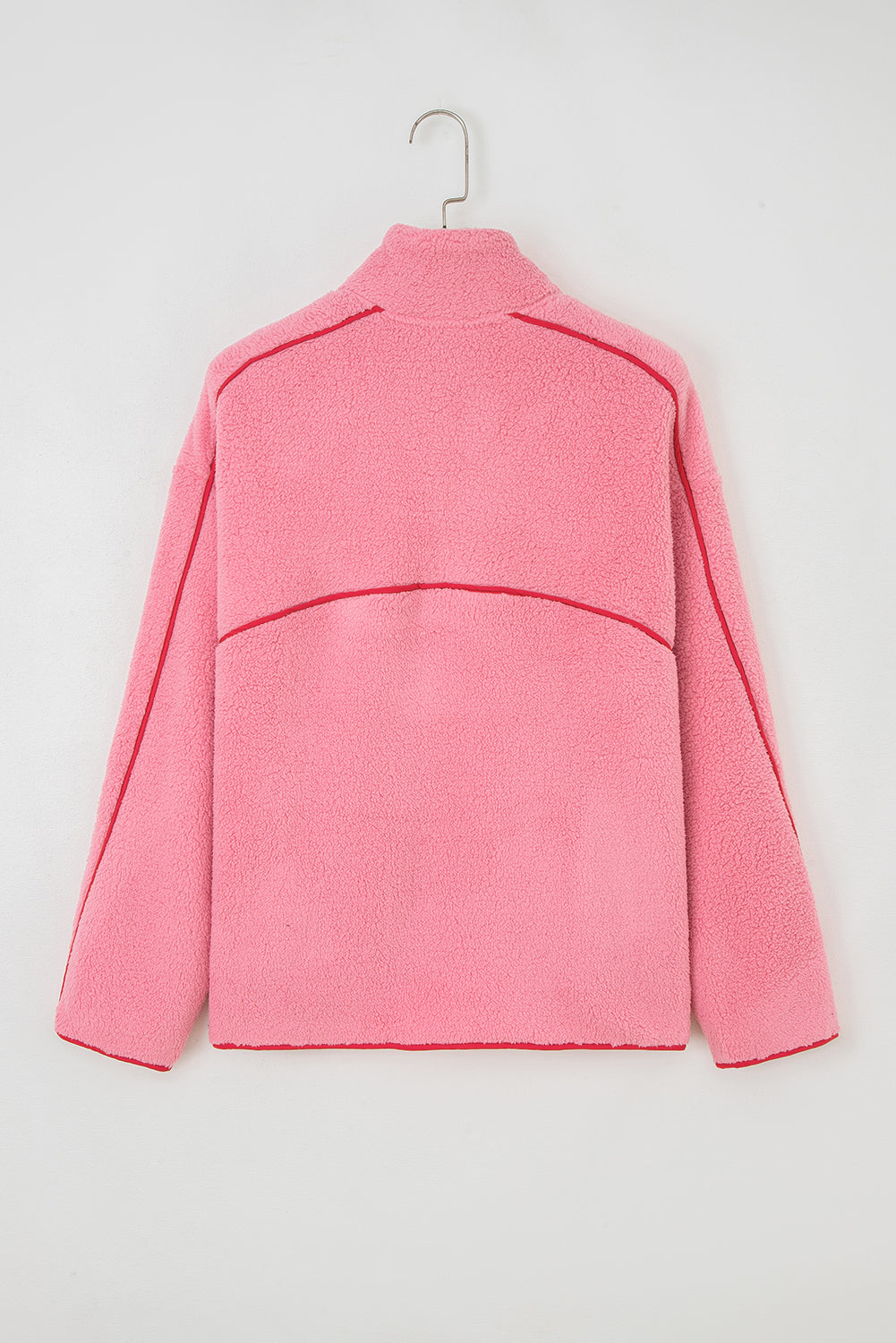 Strawberry Pink Sherpa Contrast Faux Leather Trim Half Zip Pocketed Pullover Sweatshirt-Tops/Sweatshirts & Hoodies-[Adult]-[Female]-2022 Online Blue Zone Planet