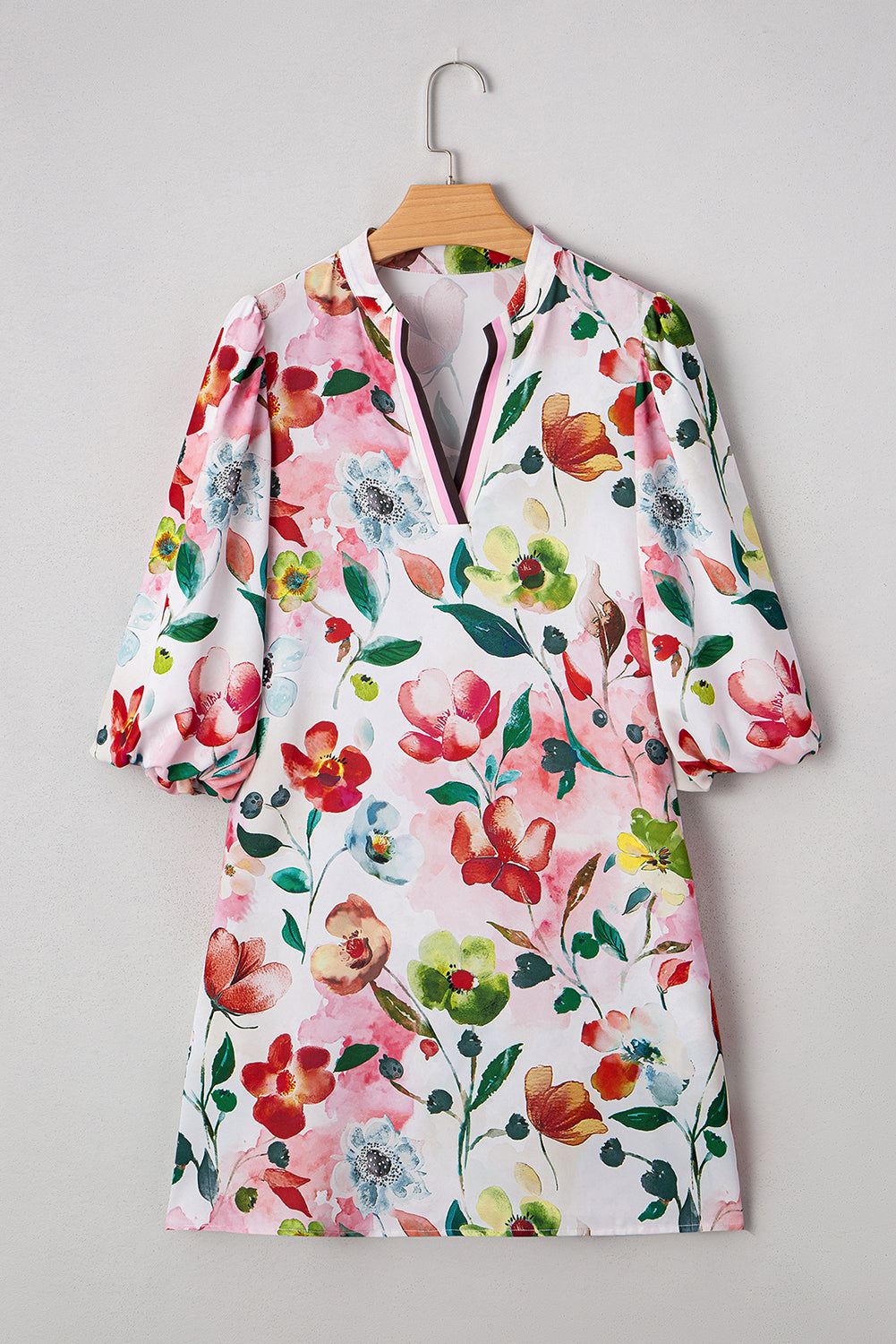 Red Floral Contrast Striped V Neck Puff Half Sleeve Shift Dress-TOPS / DRESSES-[Adult]-[Female]-2022 Online Blue Zone Planet
