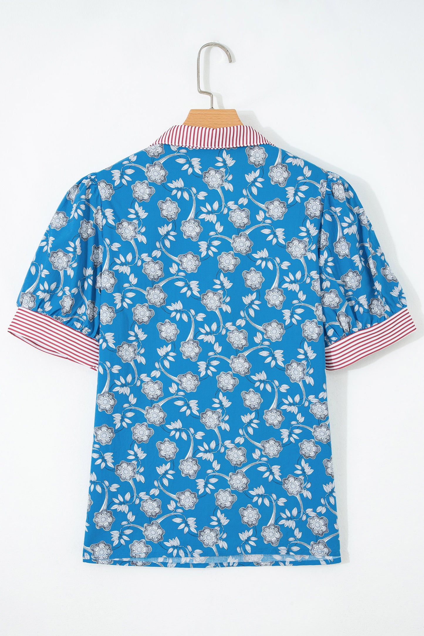 Blue Retro Floral Print Striped Trim Button Neck Short Sleeve Blouse-Tops/Blouses & Shirts-[Adult]-[Female]-2022 Online Blue Zone Planet