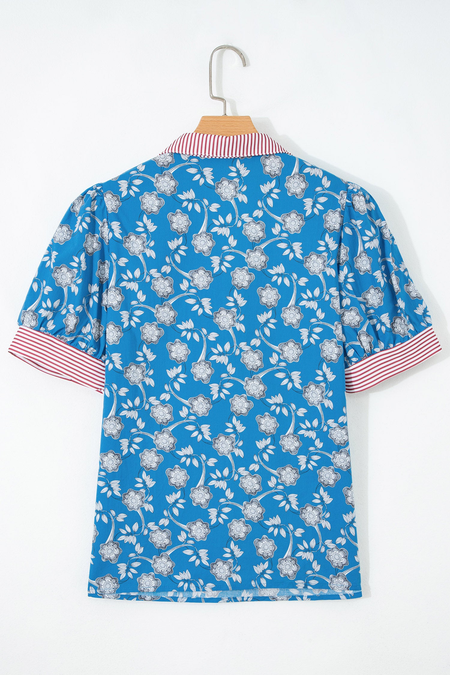Blue Retro Floral Print Striped Trim Button Neck Short Sleeve Blouse-Tops/Blouses & Shirts-[Adult]-[Female]-2022 Online Blue Zone Planet