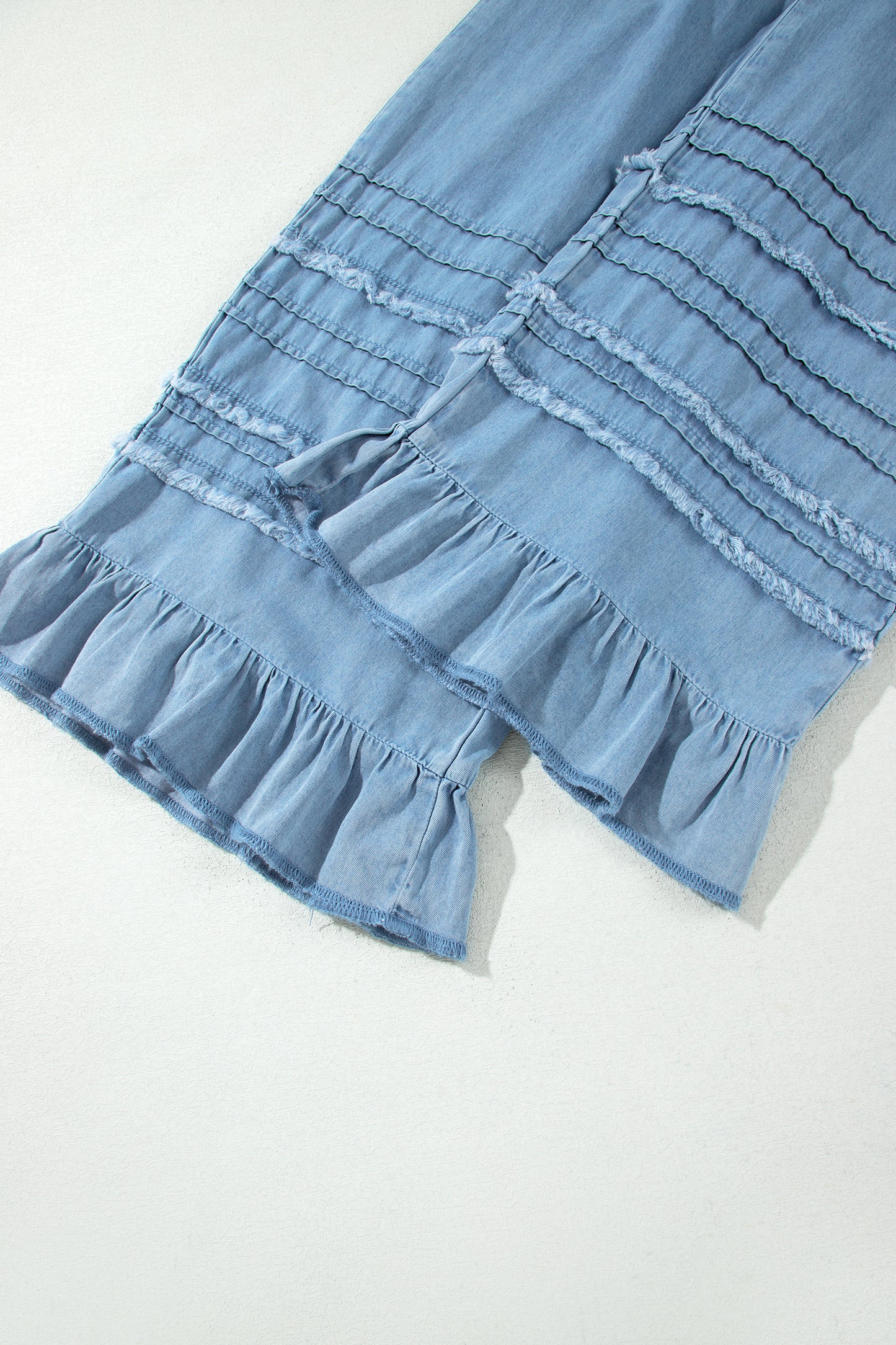 Beau Blue Ruffled Hem Wide Leg Chambray Pants-Bottoms/Jeans-[Adult]-[Female]-2022 Online Blue Zone Planet