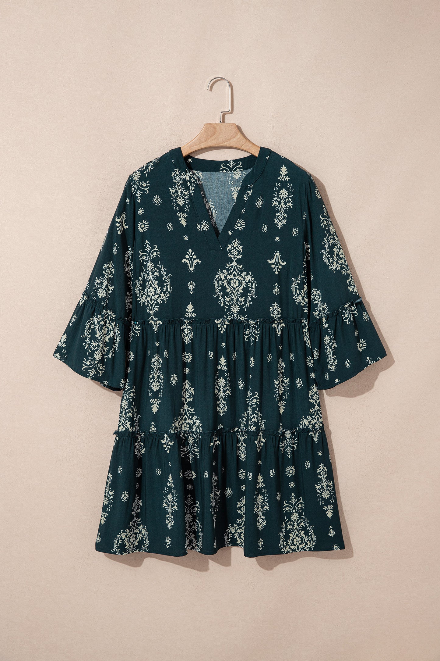 Blue Boho Floral Print Lettuce Trim 3/4 Sleeve Mini Dress-TOPS / DRESSES-[Adult]-[Female]-2022 Online Blue Zone Planet
