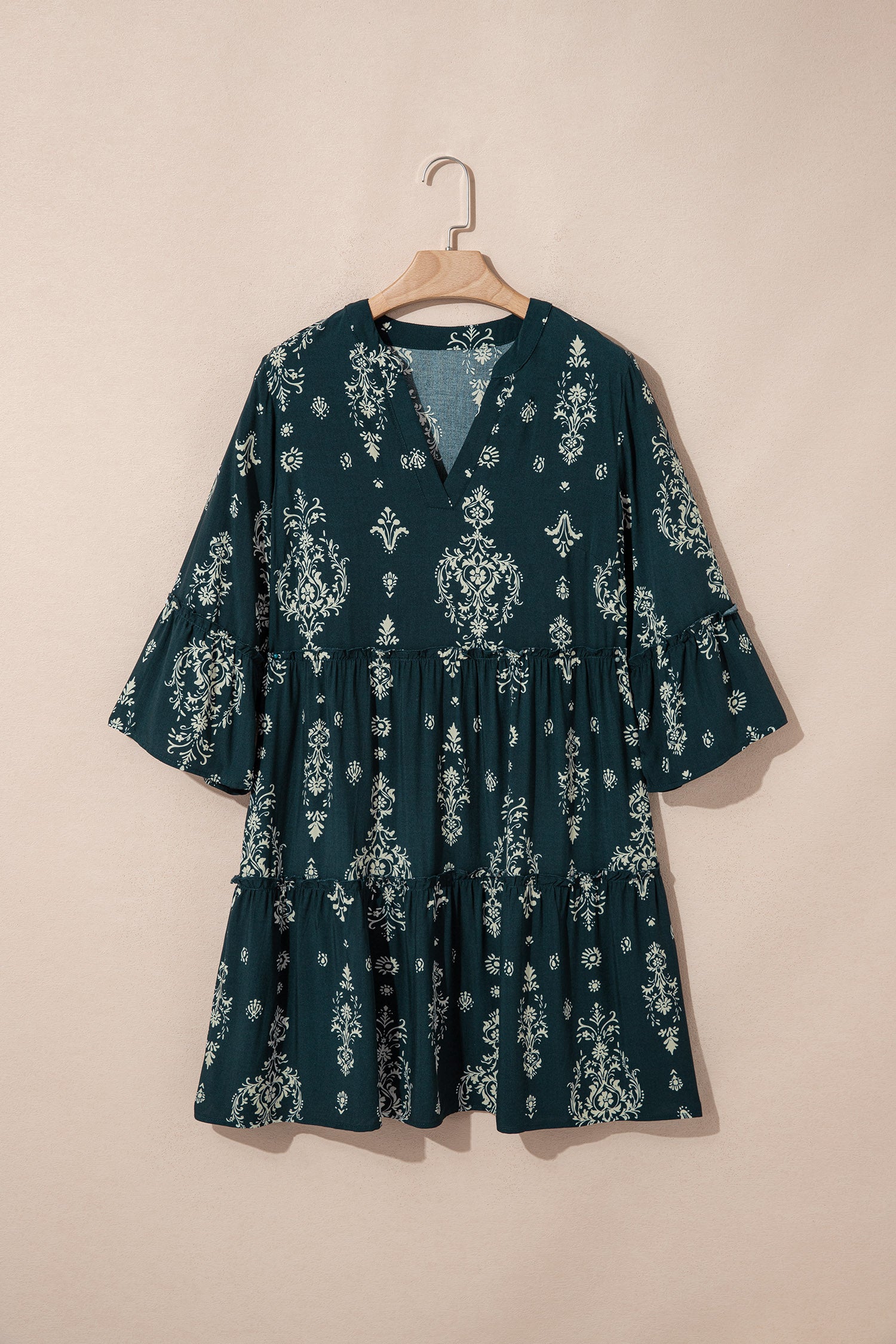 Blue Boho Floral Print Lettuce Trim 3/4 Sleeve Mini Dress-TOPS / DRESSES-[Adult]-[Female]-2022 Online Blue Zone Planet