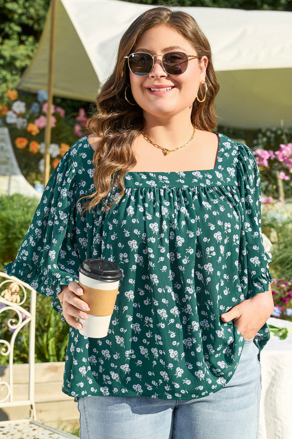 Green Floral Print Square Neck Ruffled Trim Plus Size Blouse-Plus Size/Plus Size Tops/Plus Size Blouses & Shirts-[Adult]-[Female]-2022 Online Blue Zone Planet