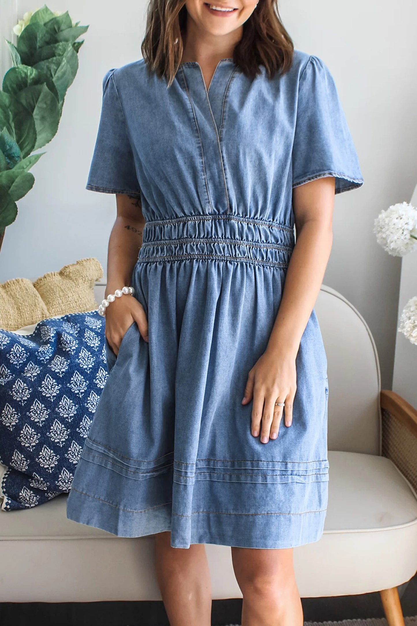 Myosotis Elastic Waist Short Sleeve Denim Mini Dress-Dresses/Mini Dresses-[Adult]-[Female]-Myosotis-S-2022 Online Blue Zone Planet