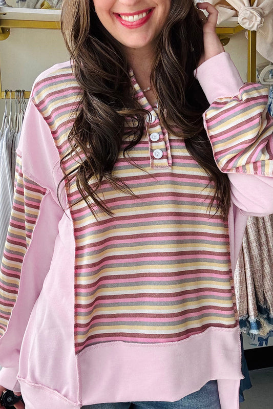 Pink Exposed Seam Color Block Striped Patchwork Loose Henley Sweatshirt-Tops/Sweatshirts & Hoodies-[Adult]-[Female]-Pink-S-2022 Online Blue Zone Planet