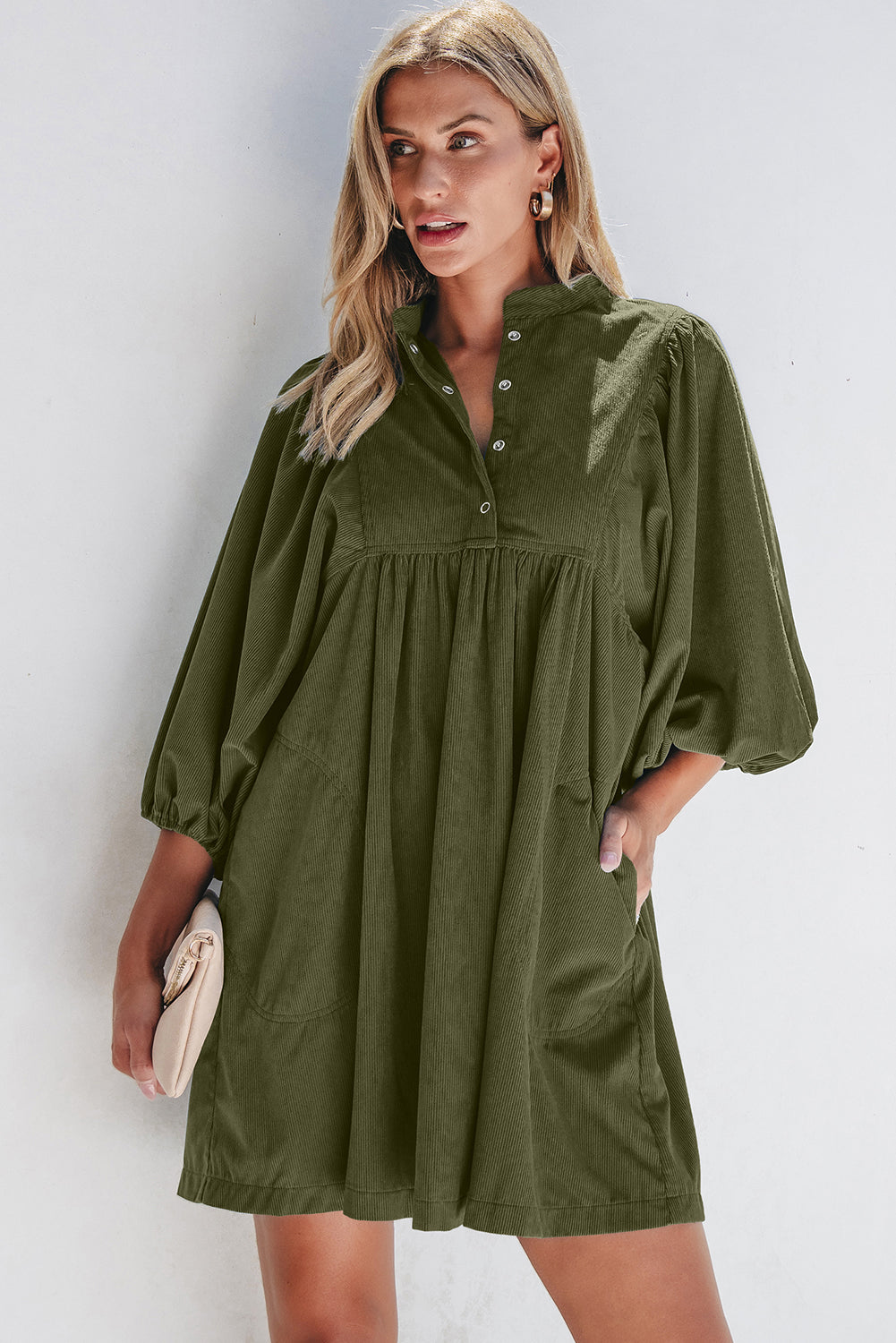 Blue Zone Planet | Vineyard Green Corduroy Snap Buttons Empire Waist Bracelet Sleeve Mini Dress-TOPS / DRESSES-[Adult]-[Female]-2022 Online Blue Zone Planet