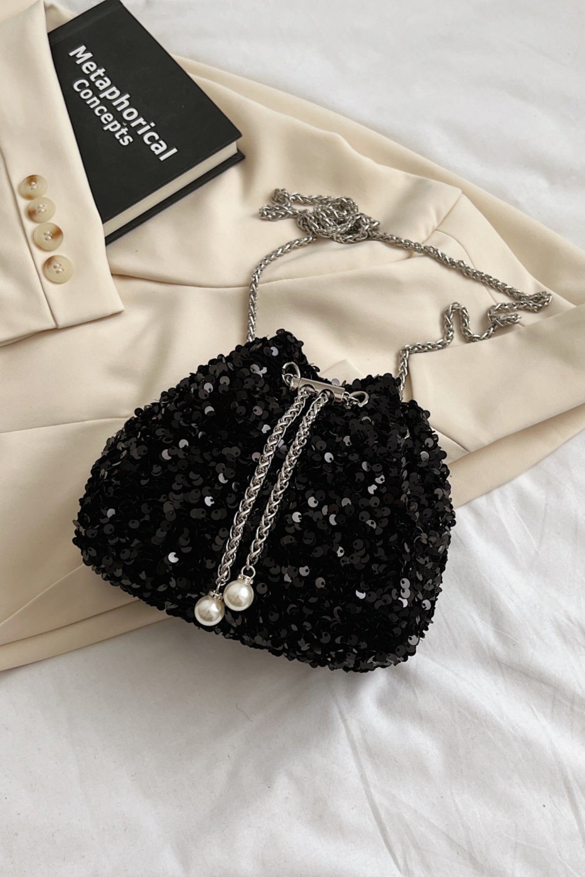 Sequin Chain Drawstring Bucket Bag-HANDBAGS-[Adult]-[Female]-2022 Online Blue Zone Planet