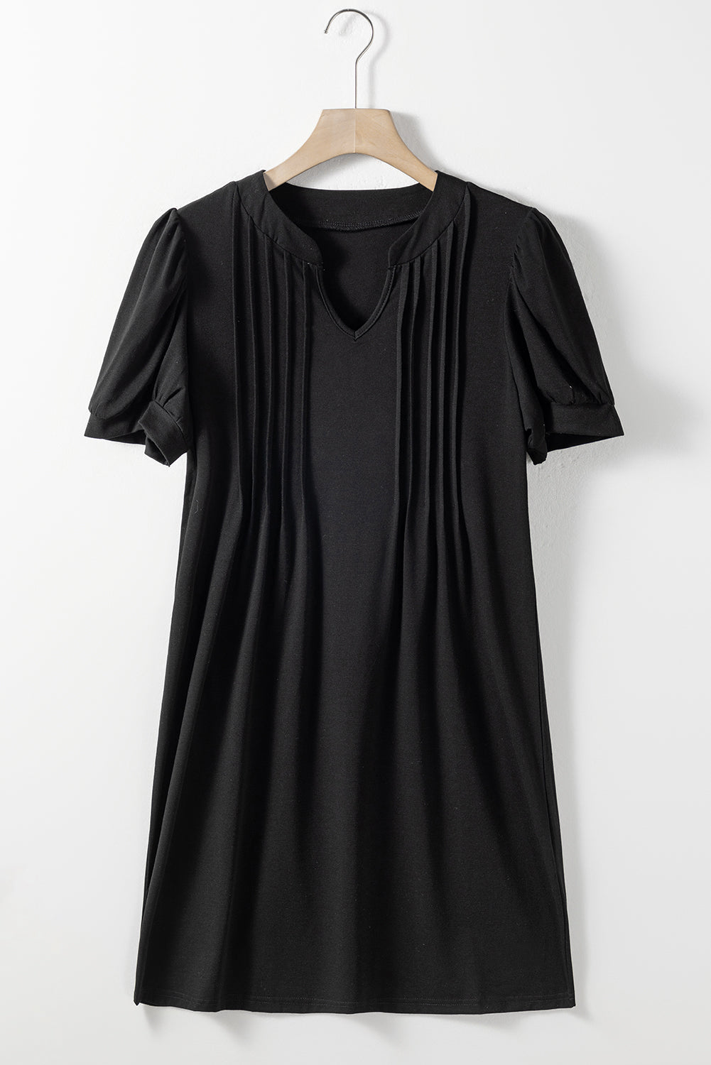 Blue Zone Planet |  Black Notched Neck Pleated Puff Sleeve Shift T-shirt Dress Blue Zone Planet