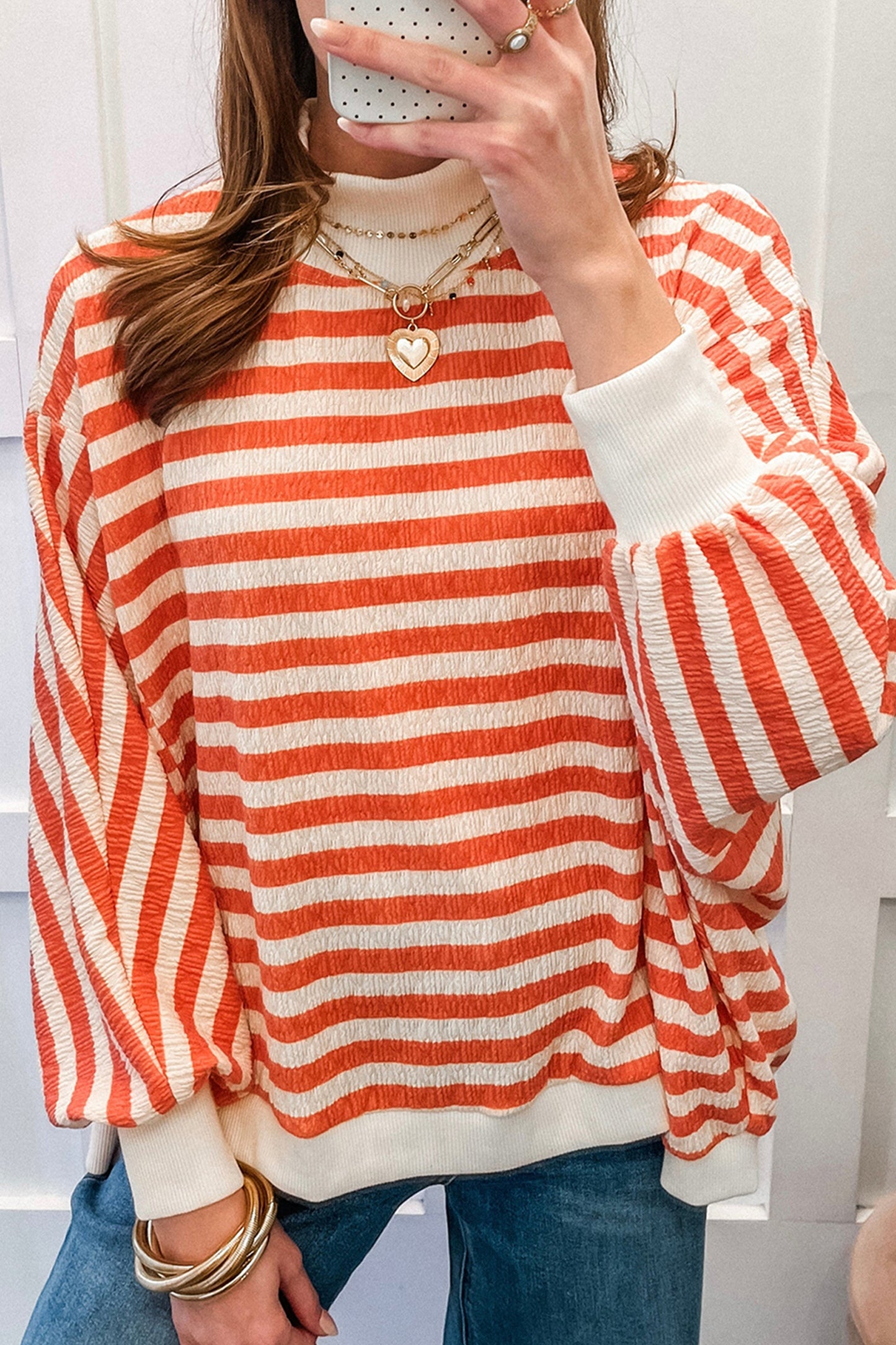 Orange Stripe Striped Textured Stand Neck Oversized Long Sleeve Top