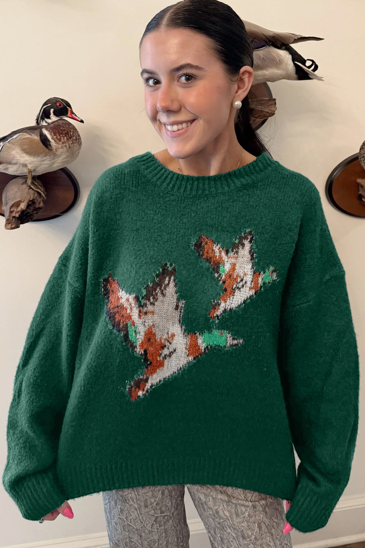 Green Wild Mallard Drop Shoulder Round Neck Long Sleeve Pullover Sweater-Sweaters & Cardigans/Sweaters-[Adult]-[Female]-2022 Online Blue Zone Planet