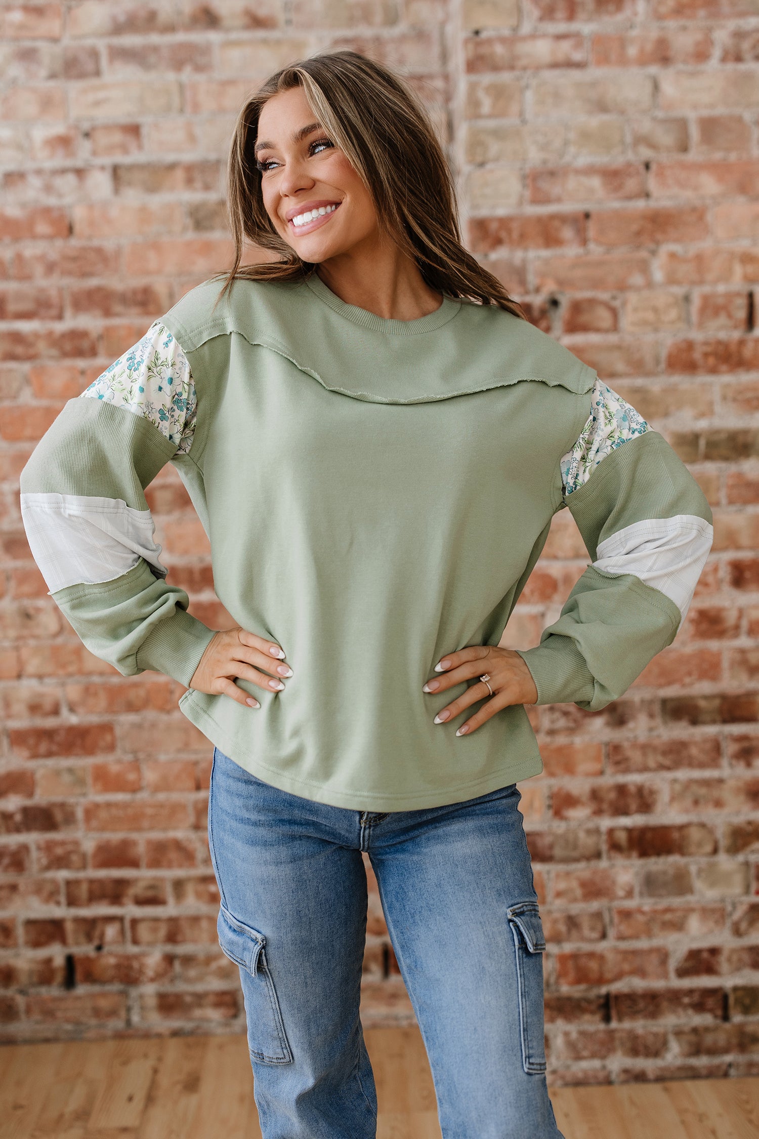 Laurel Green Floral Plaid Mixed Sleeve Raw Edge Relaxed French Terry Top-Tops/Long Sleeve Tops-[Adult]-[Female]-2022 Online Blue Zone Planet