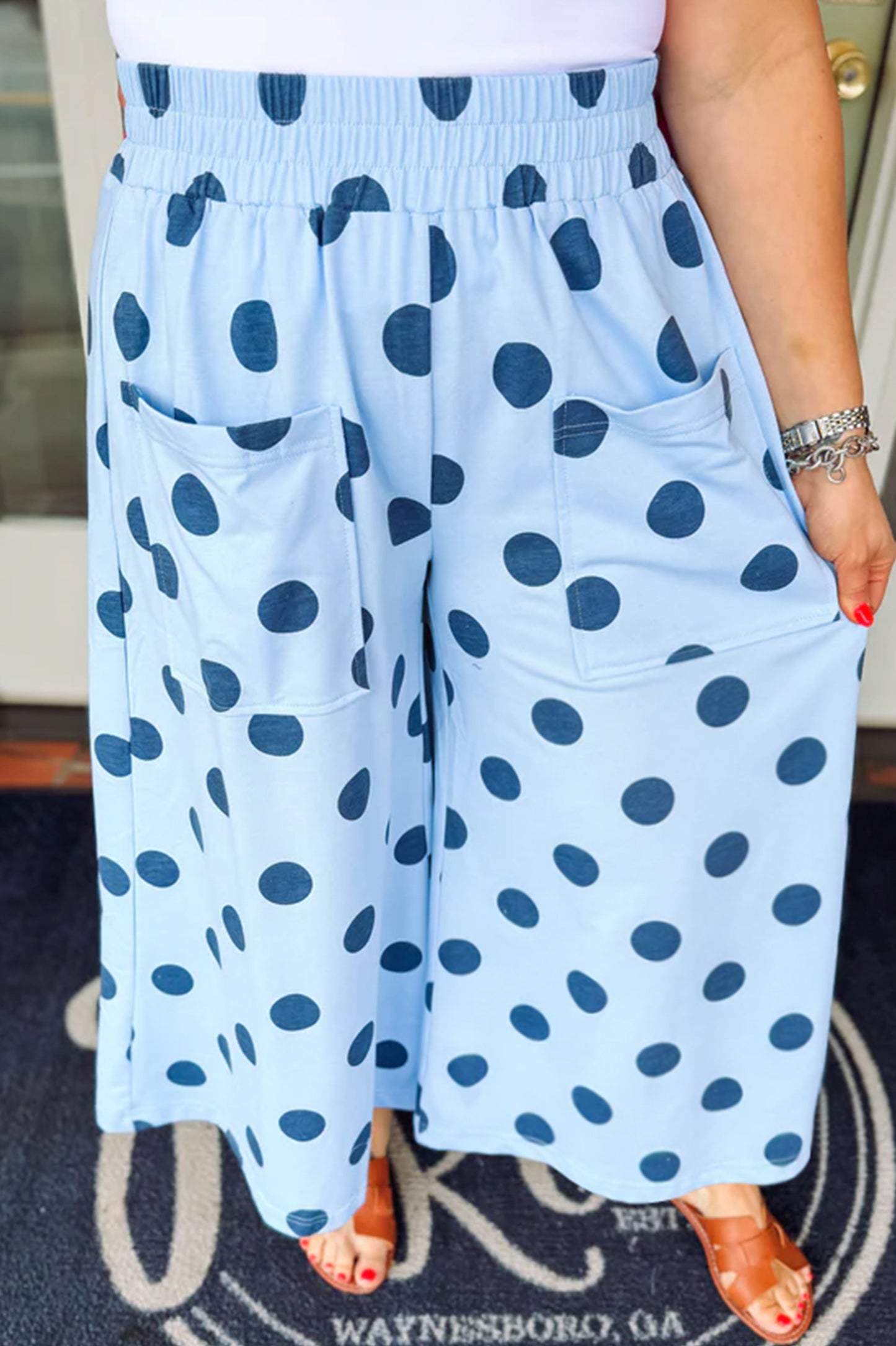 Khaki Polka Dot Elastic Waist Wide Leg Plus Size Pants-Plus Size/Plus Size Bottoms-[Adult]-[Female]-2022 Online Blue Zone Planet