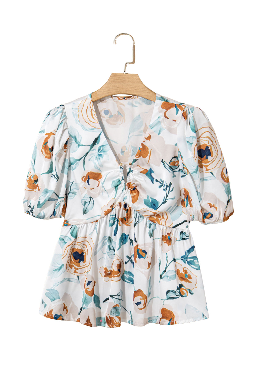 Green Floral Print Puff Sleeve V Neck Babydoll Blouse-Tops/Blouses & Shirts-[Adult]-[Female]-2022 Online Blue Zone Planet